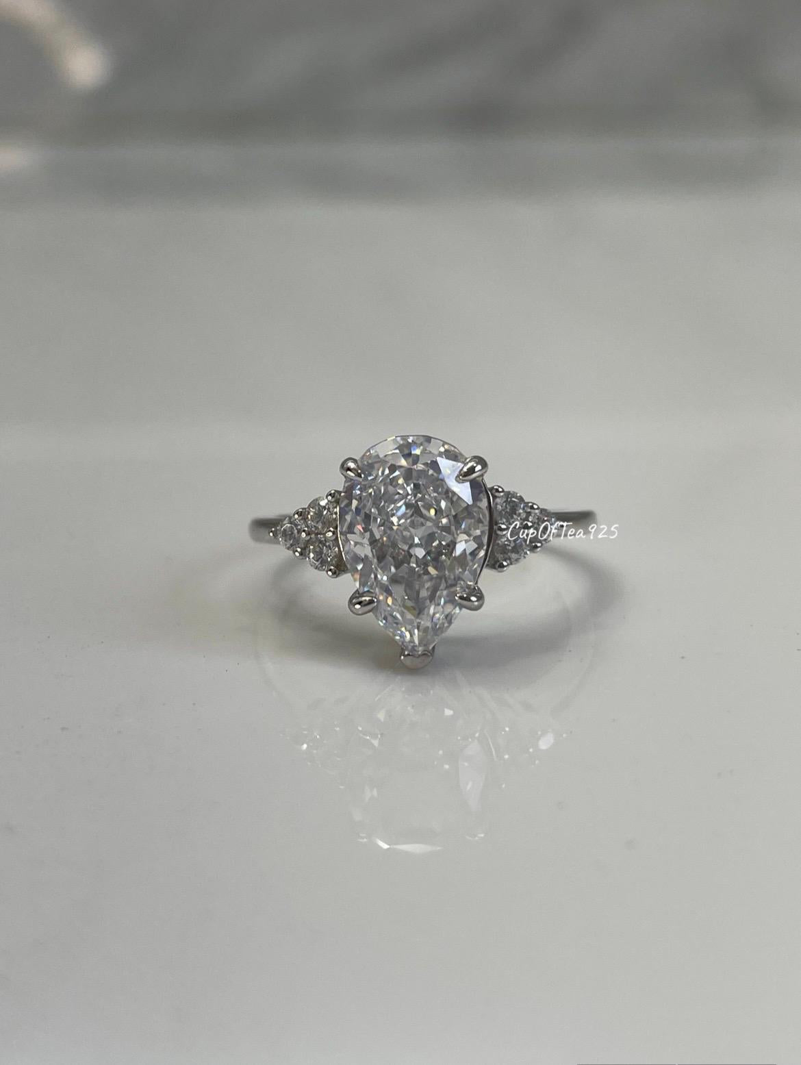 Crushed Ice Pear Cut Engagement Ring: 3CT Simulated Diamond, Sterling Silver