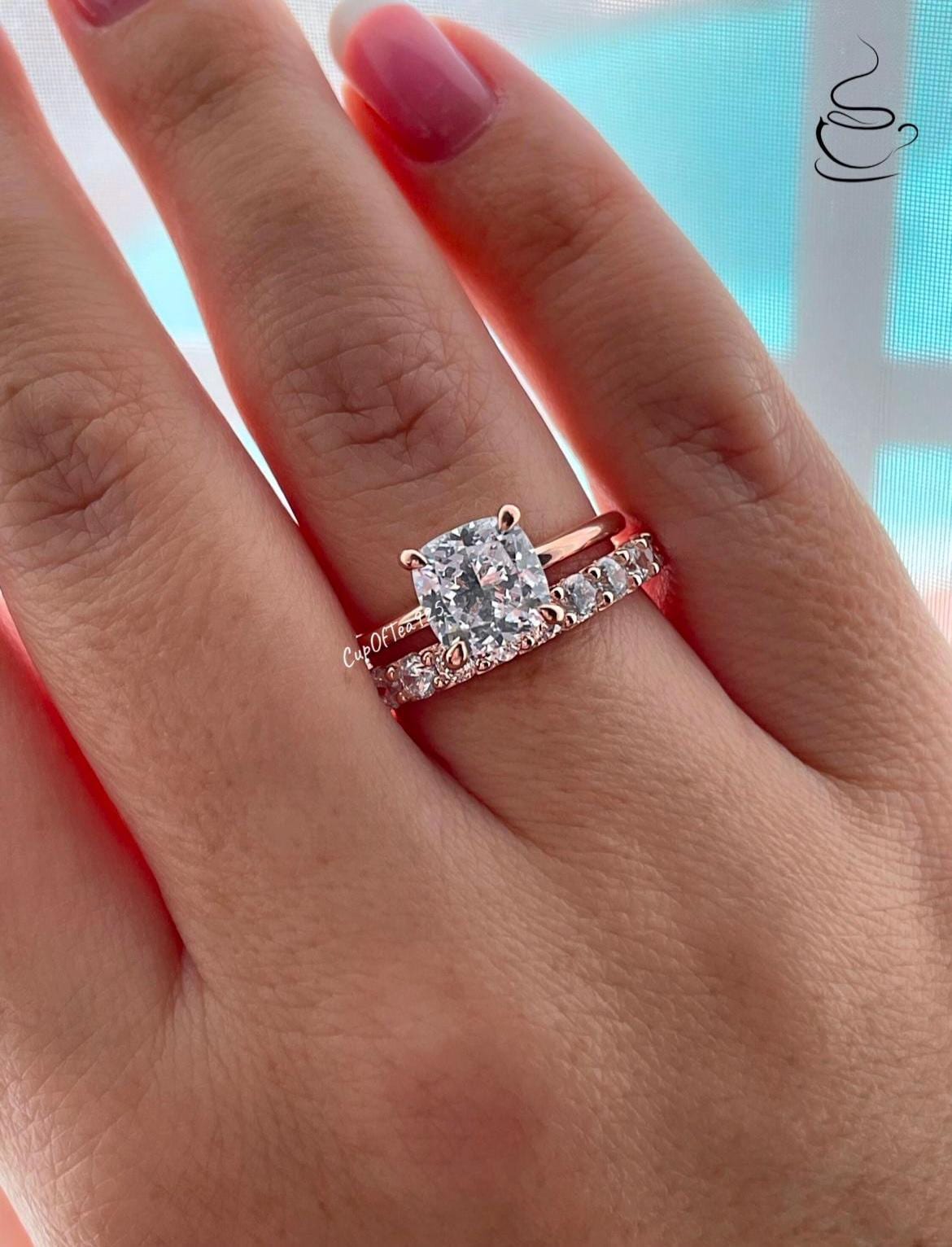 Rose Gold over Sterling Silver 925 Bridal Set with 3CT CZ Cushion Cut Solitare engagement ring and full eternity band.