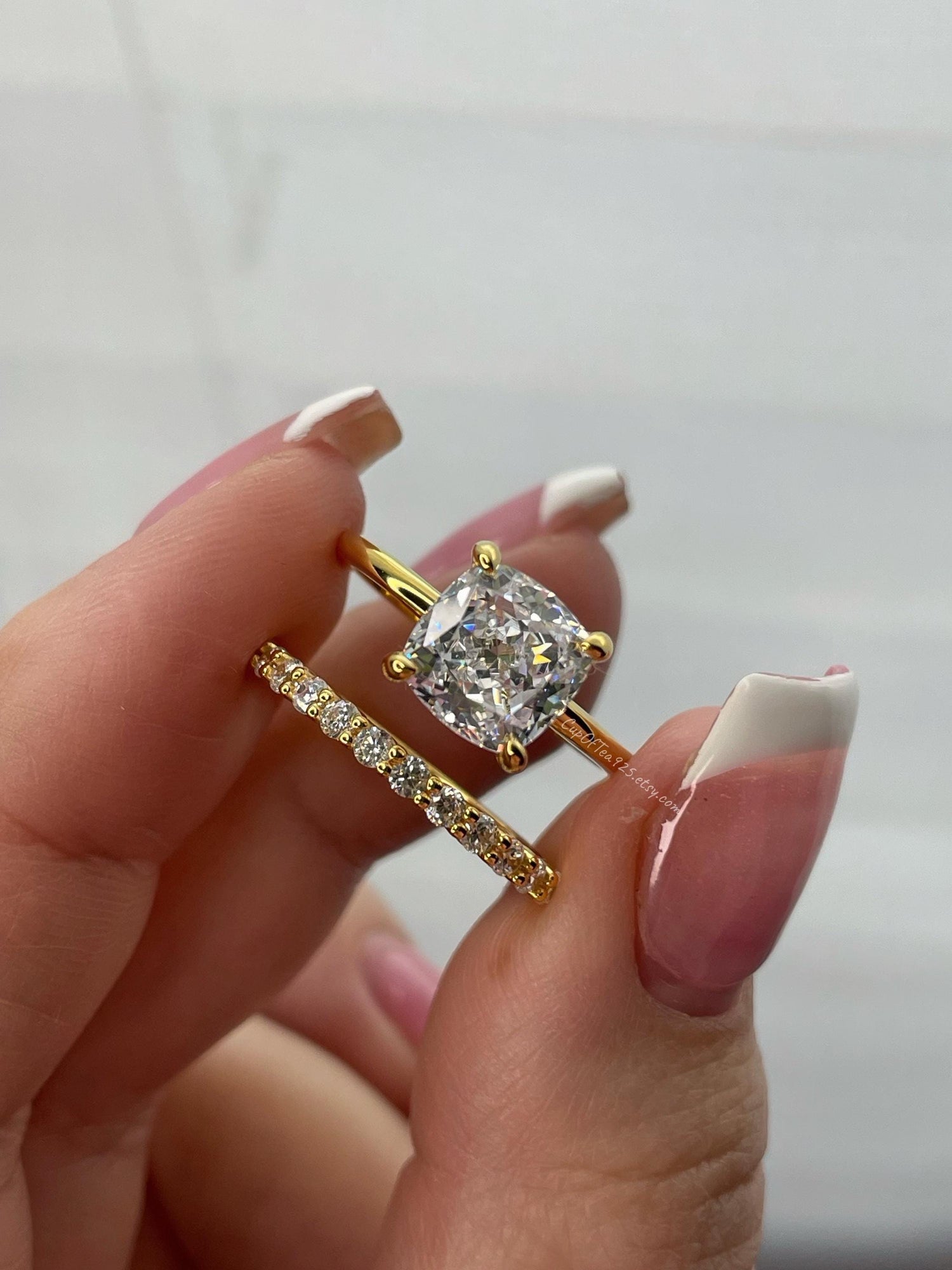 Yellow Gold over Sterling Silver Bridal Set: 3CT Cushion Cut CZ Engagement Ring