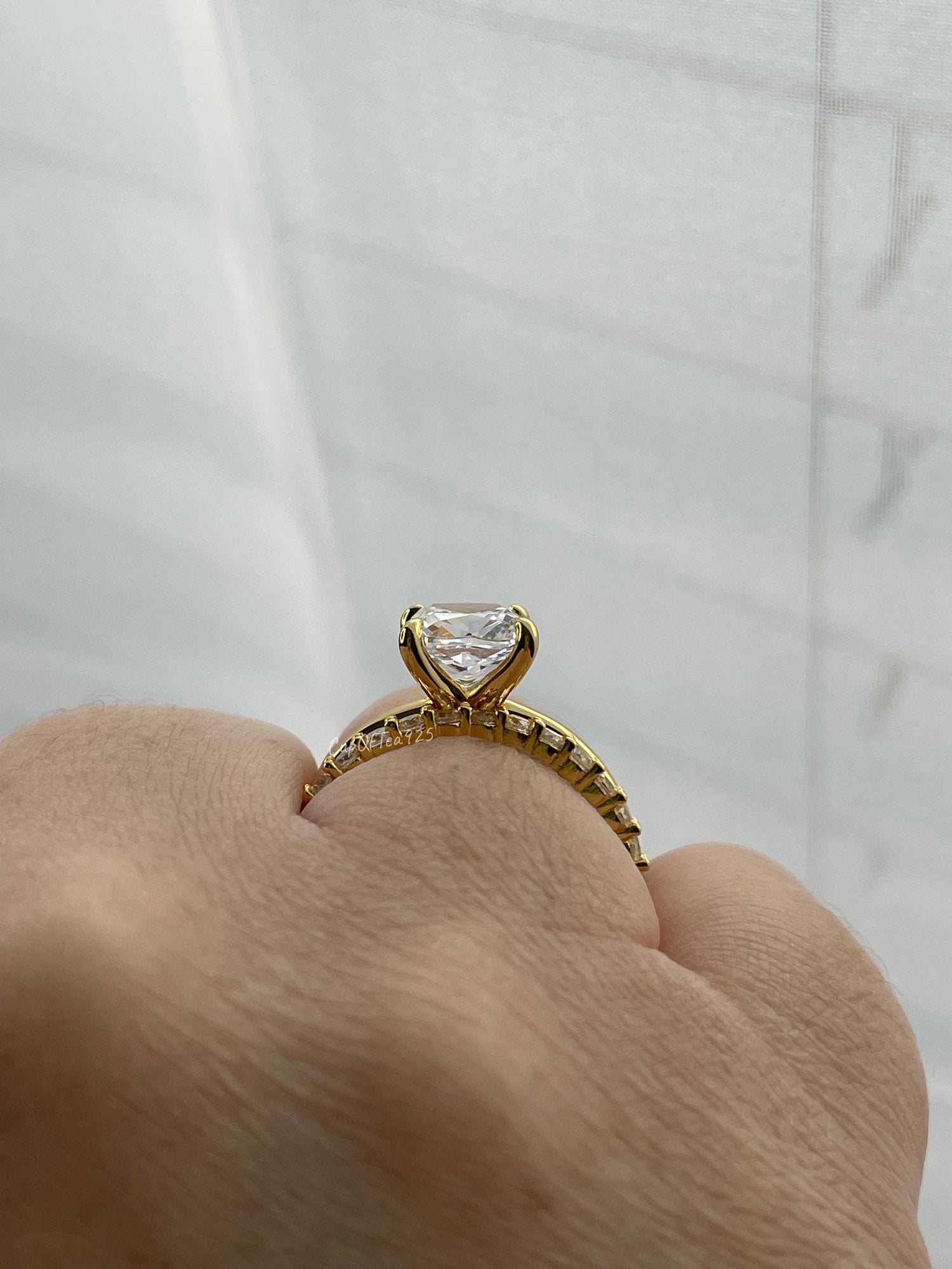 Yellow Gold over Sterling Silver Bridal Set: 3CT Cushion Cut CZ Engagement Ring