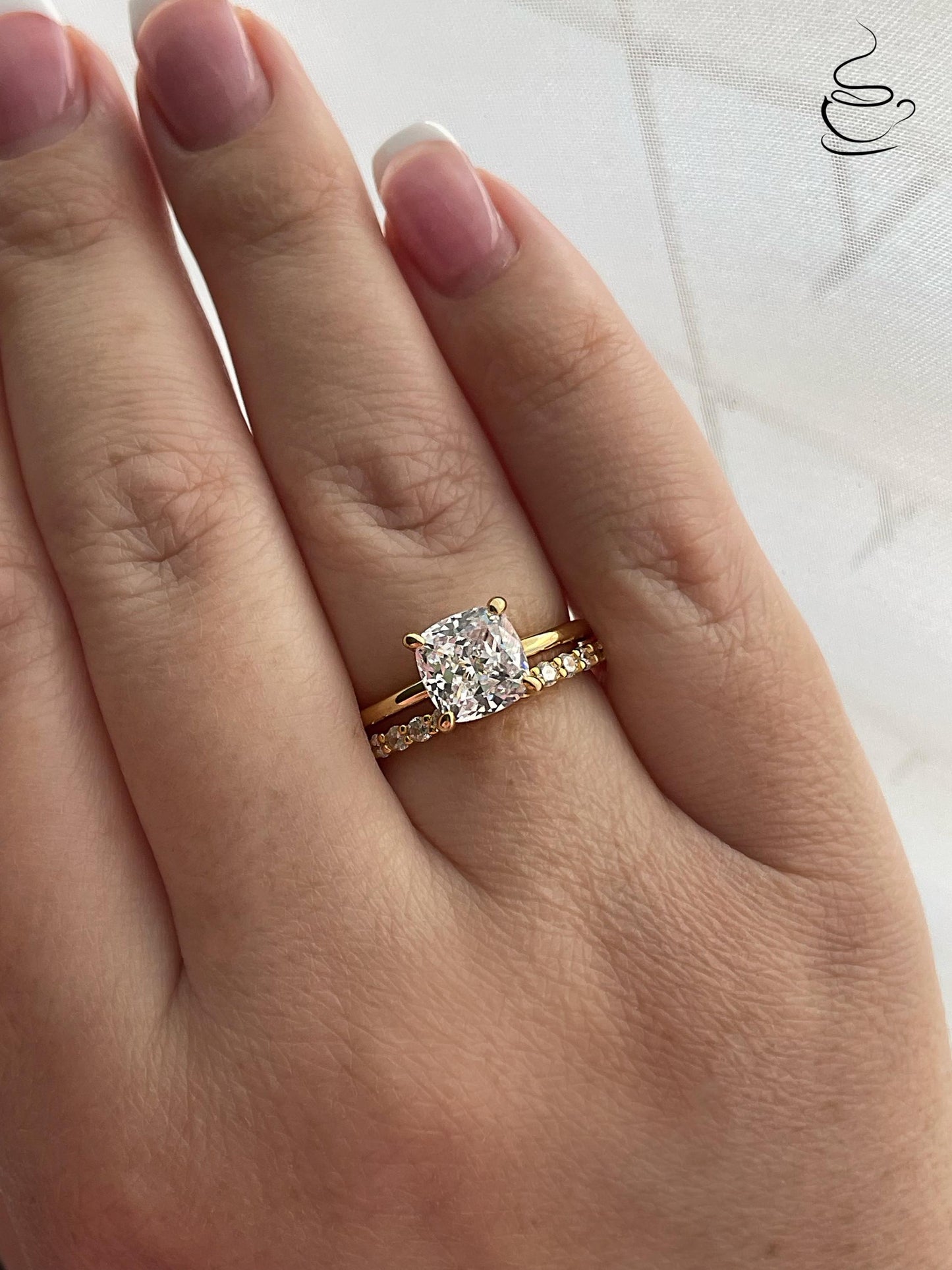 Yellow Gold over Sterling Silver Bridal Set: 3CT Cushion Cut CZ Engagement Ring