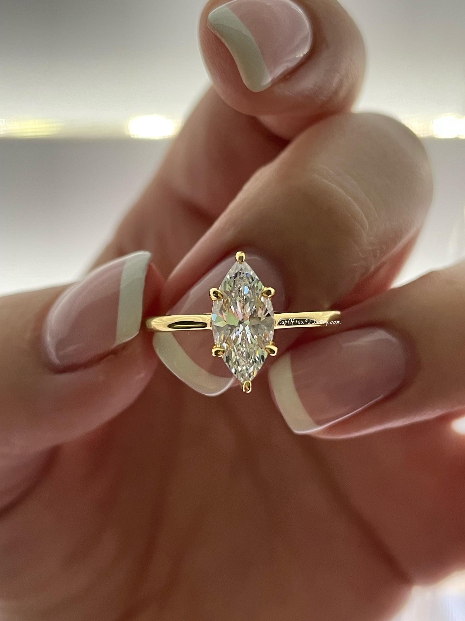 Marquise cut moissanite ring, Sterling Silver 925, Yellow gold over sterling silver engagement ring with 1.5CT-2CT 6A CZ or moissanite