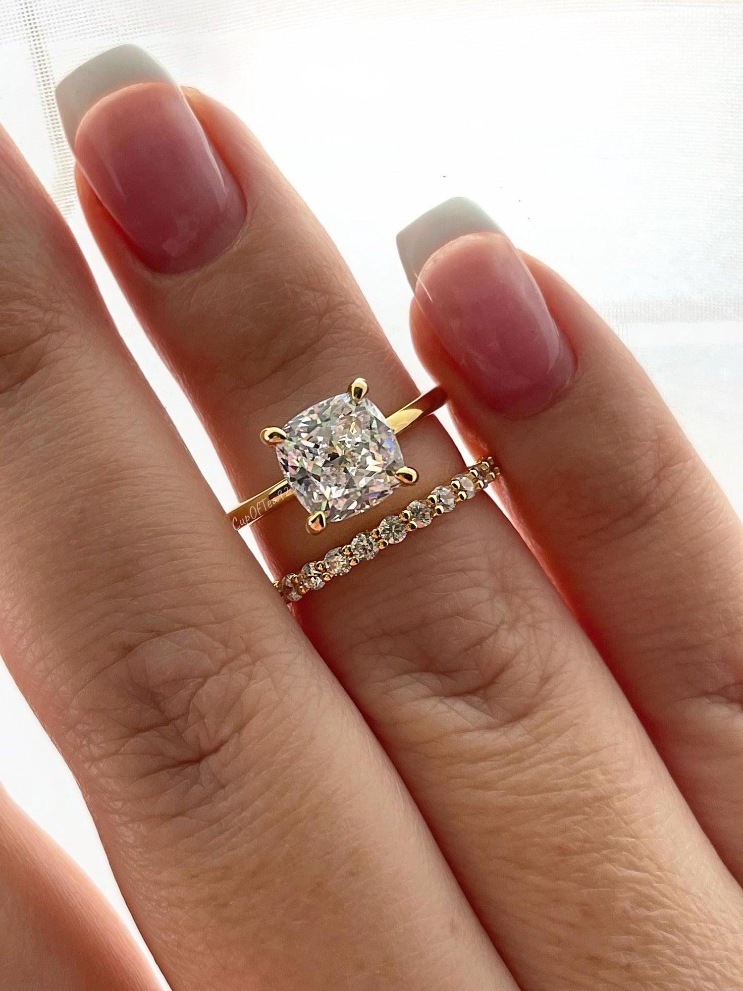 Yellow Gold over Sterling Silver Bridal Set: 3CT Cushion Cut CZ Engagement Ring