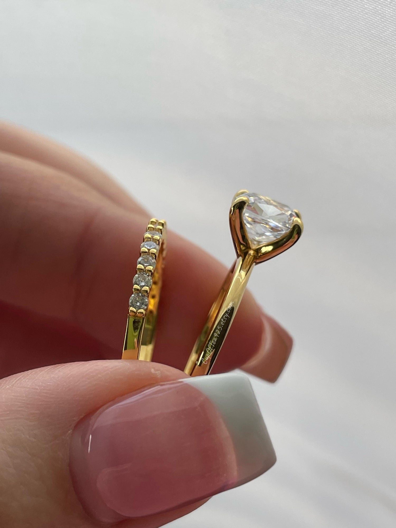 Yellow Gold over Sterling Silver Bridal Set: 3CT Cushion Cut CZ Engagement Ring