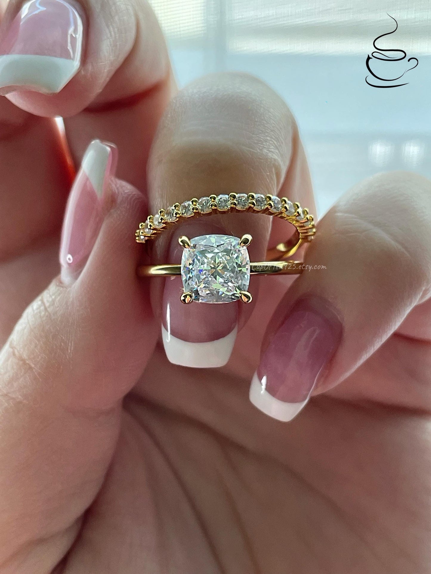 Yellow Gold over Sterling Silver Bridal Set: 3CT Cushion Cut CZ Engagement Ring