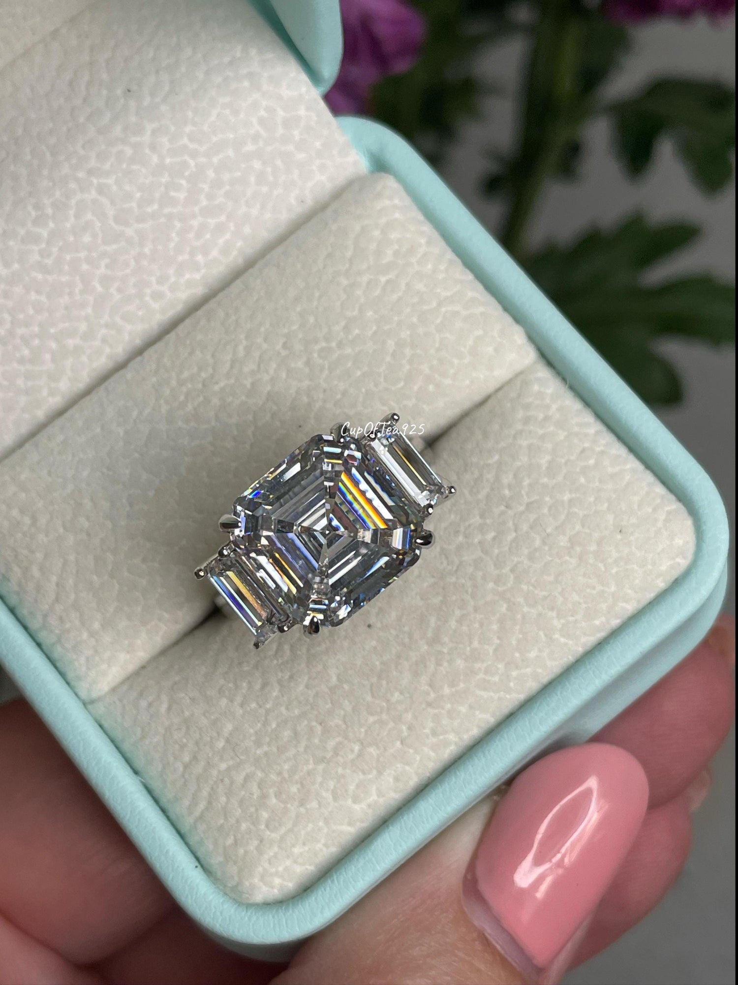 Sterling Silver 7CT Asscher Cut Simulated Diamond Three Stone Engagement Ring