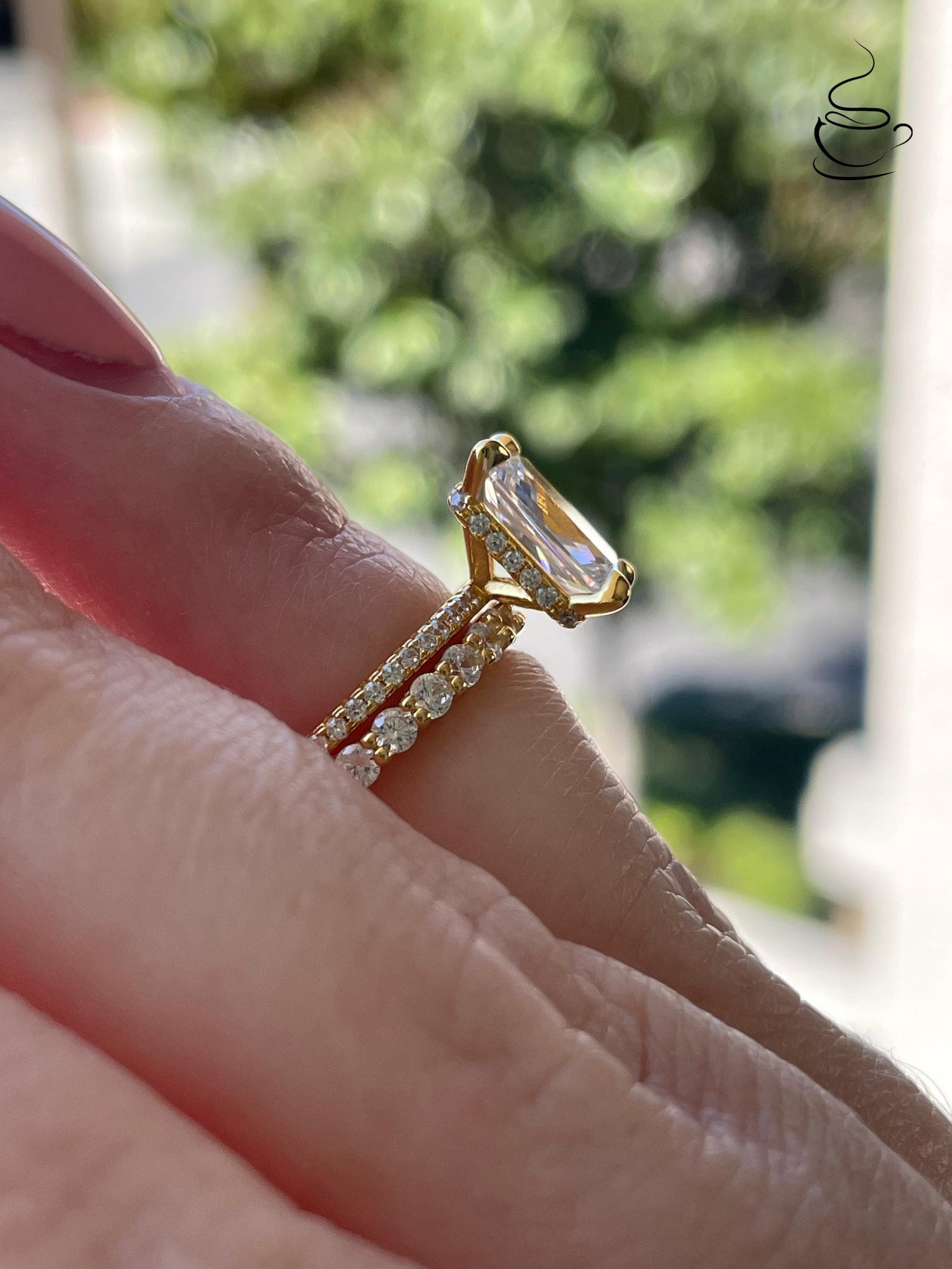 Radiant Cut CZ Engagement Ring Set: Sterling Silver, Yellow Gold Vermeil, Hidden Halo