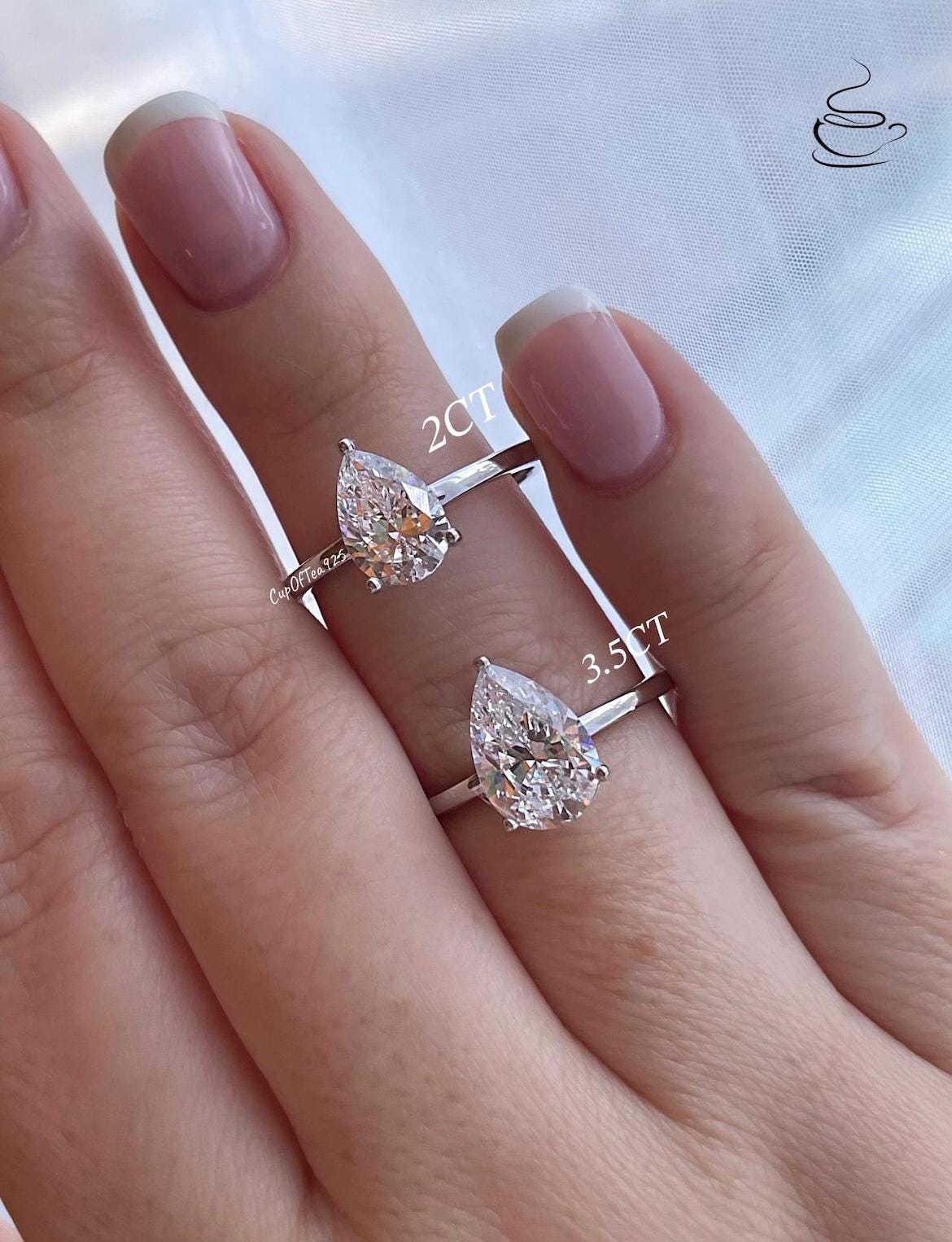 Silver, Yellow gold over sterling silver 925 bridal set with 2CT, 3CT pear cut CZ simulated diamond engagement ring and curved wedding band