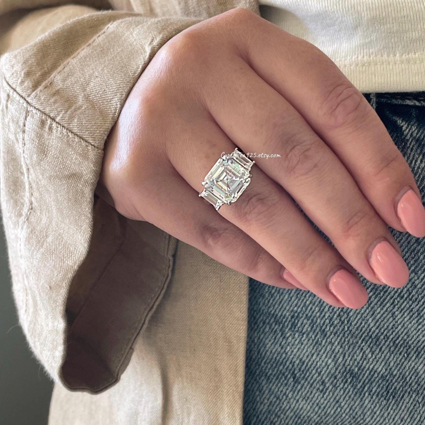 Sterling Silver 7CT Asscher Cut Simulated Diamond Three Stone Engagement Ring