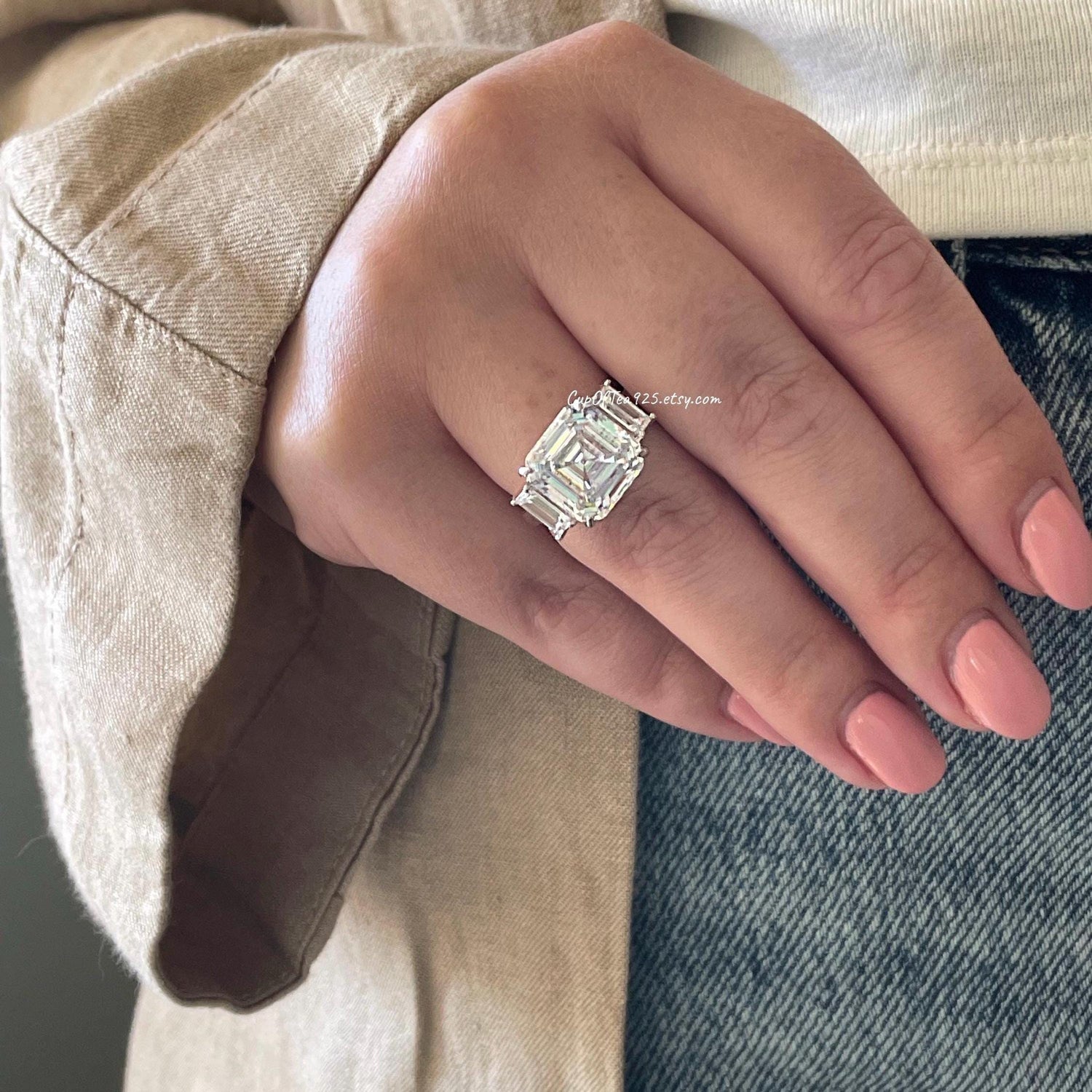 Sterling Silver 7CT Asscher Cut Simulated Diamond Three Stone Engagement Ring