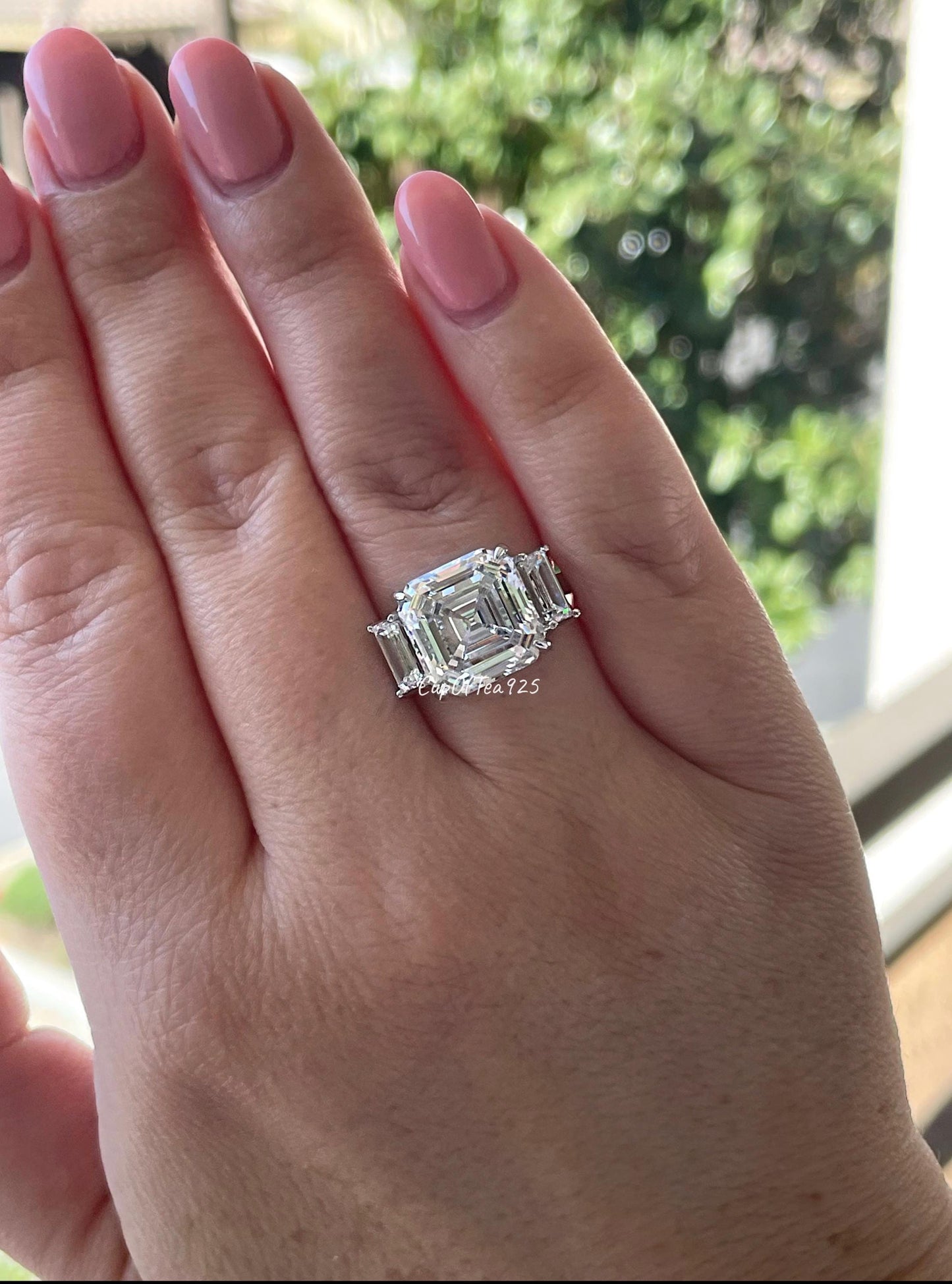 Sterling Silver 7CT Asscher Cut Simulated Diamond Three Stone Engagement Ring