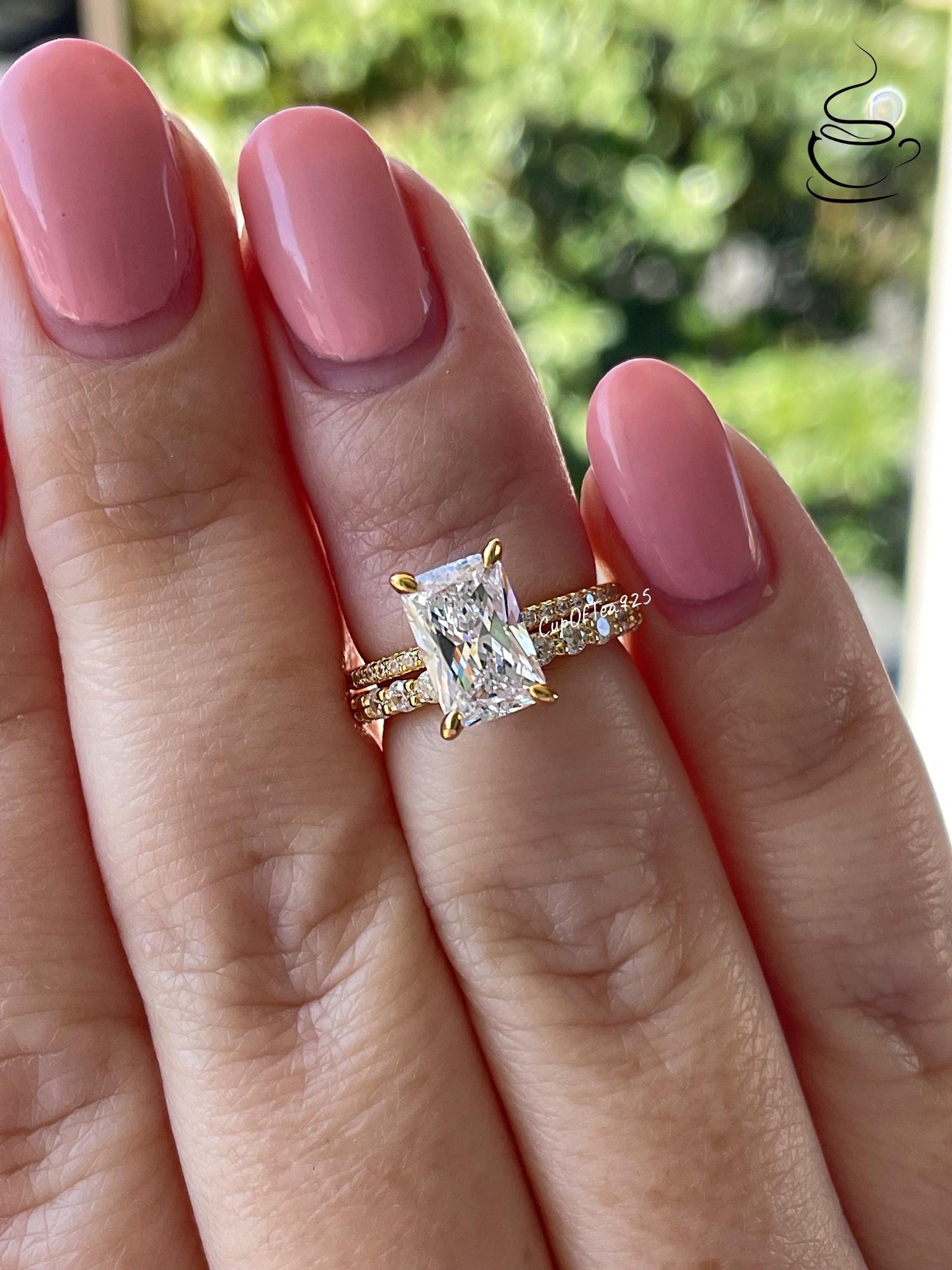 Radiant Cut CZ Engagement Ring Set: Sterling Silver, Yellow Gold Vermeil, Hidden Halo