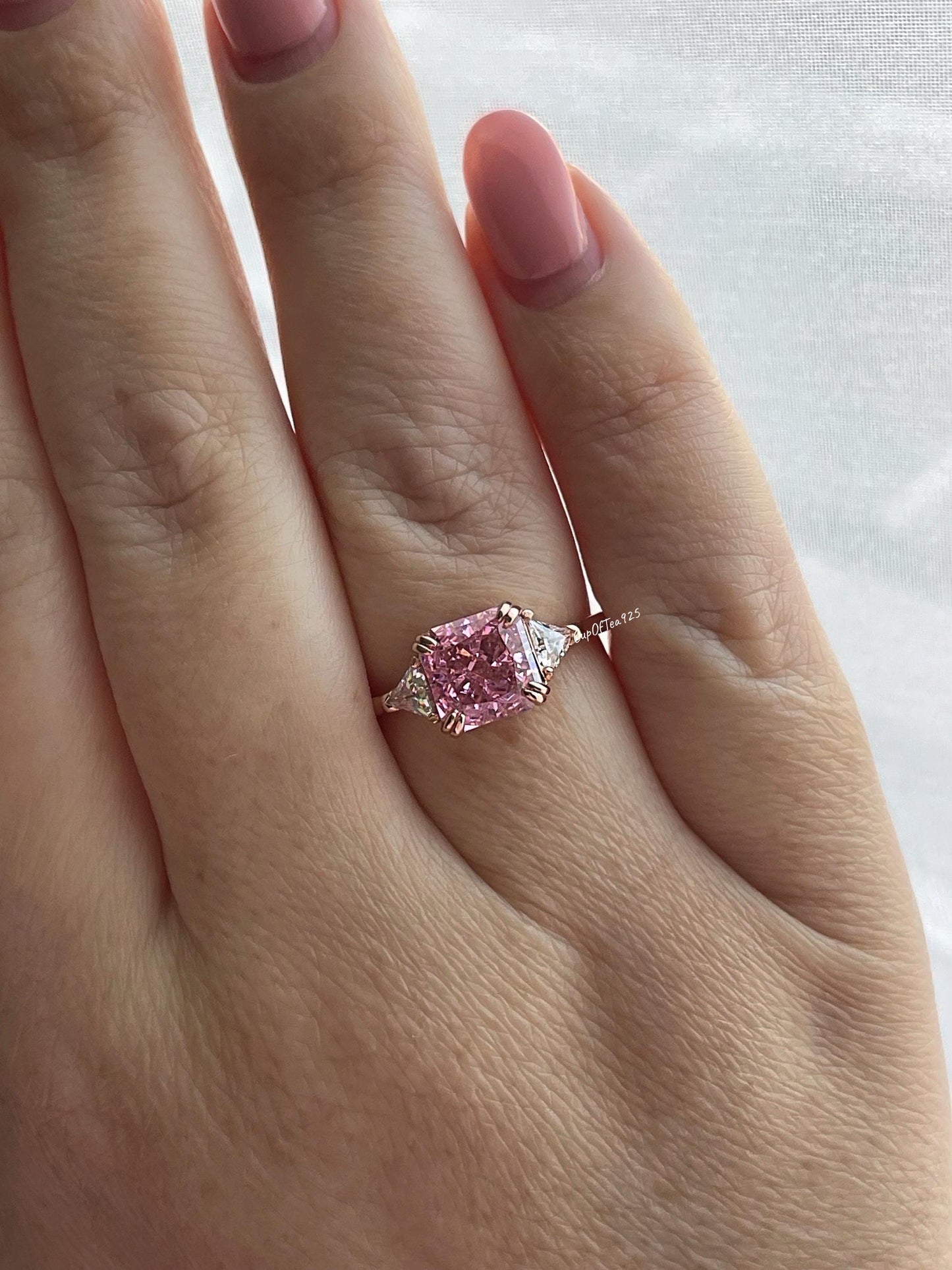 Rose Gold Vermeil Engagement Ring: Pink Crushed Ice CZ, Three Stone