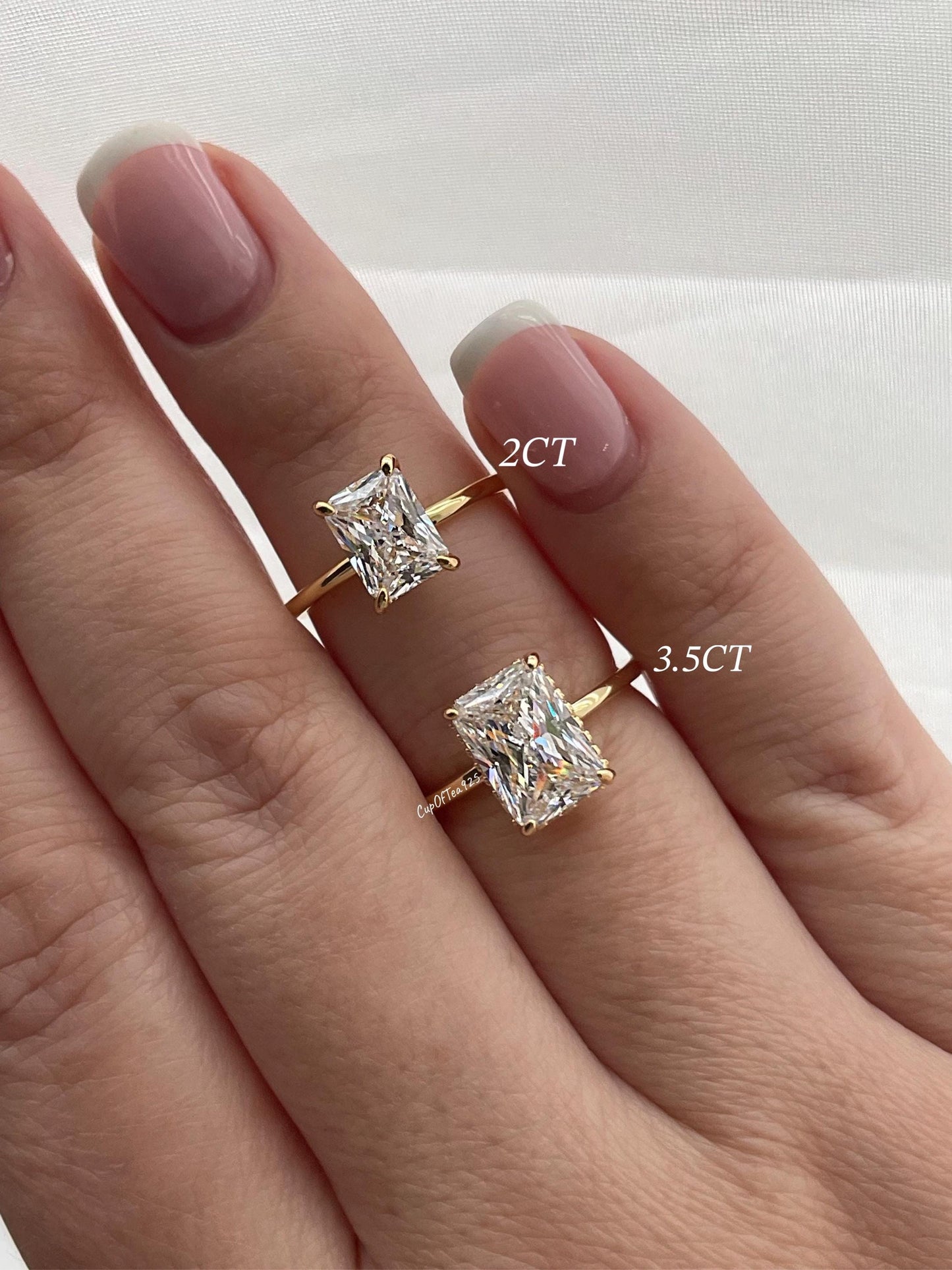 Hidden Halo. Yellow gold vermeil, Sterling Silver 925 engagement ring with 2CT 3CT radiant cut and hidden halo, radiant cut ring