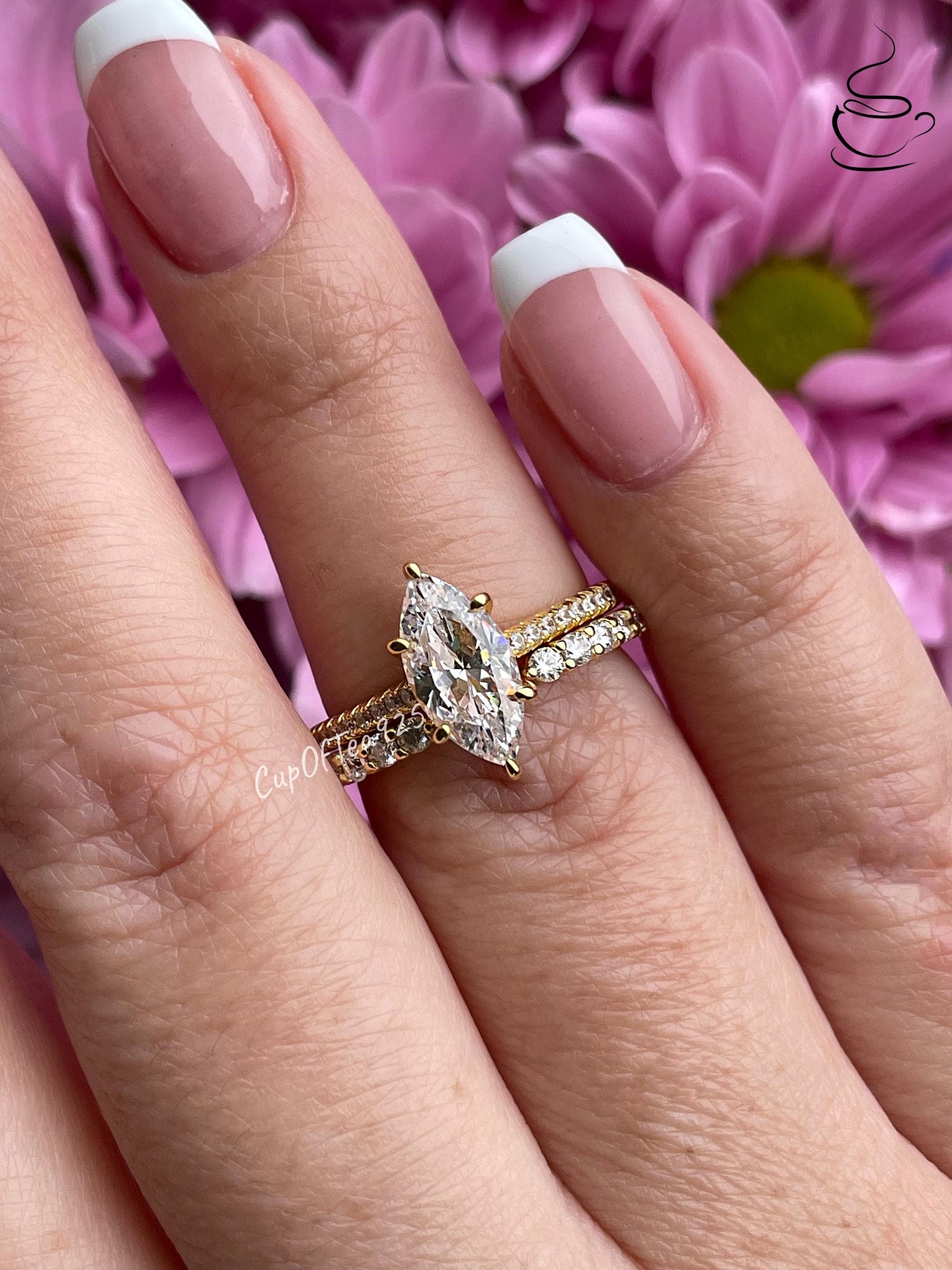 Yellow gold over sterling silver 925, silver 925 1.5 carat marquise cut engagement ring set , bridal set with marquise ring