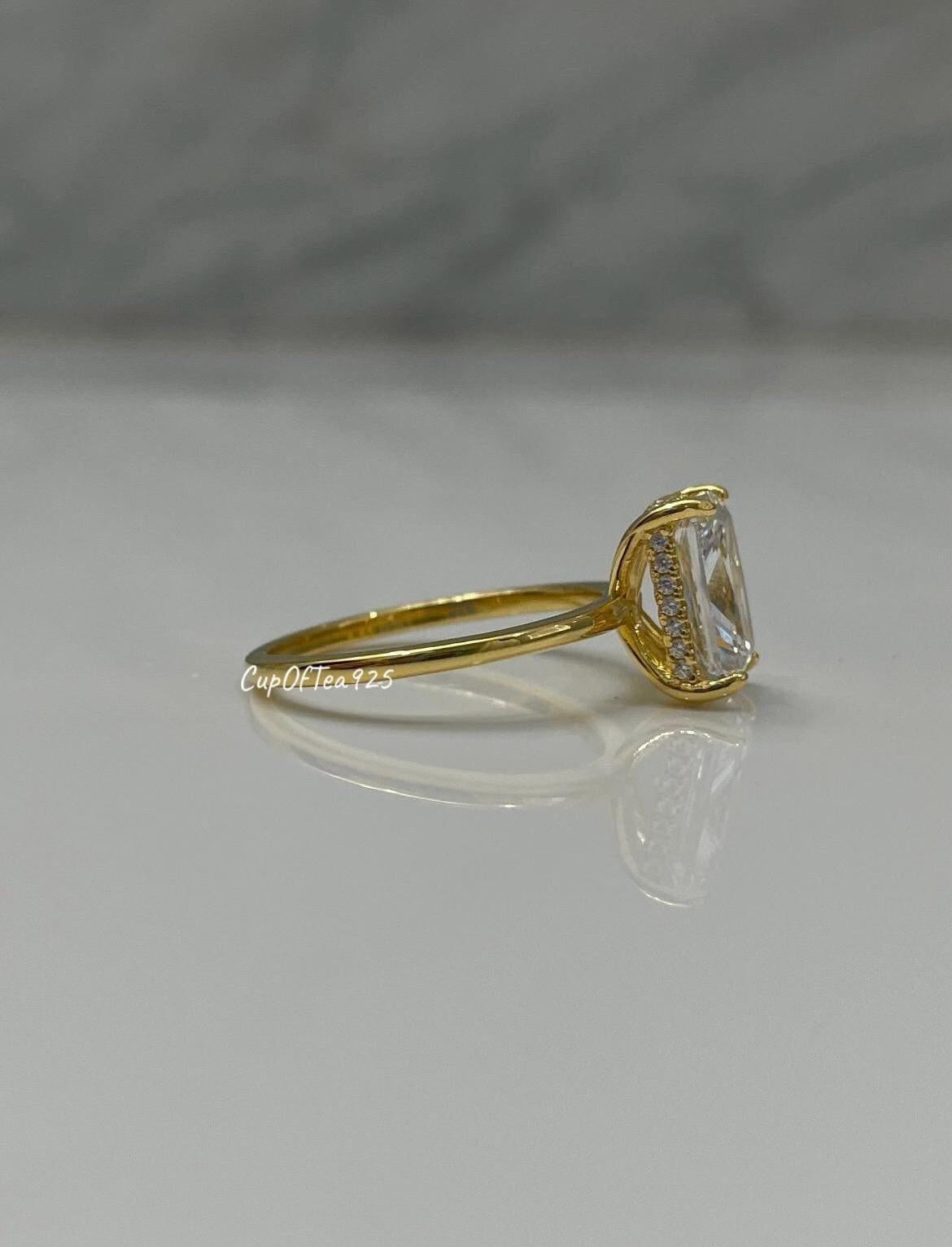 Hidden Halo. Yellow gold vermeil, Sterling Silver 925 engagement ring with 2CT 3CT radiant cut and hidden halo, radiant cut ring