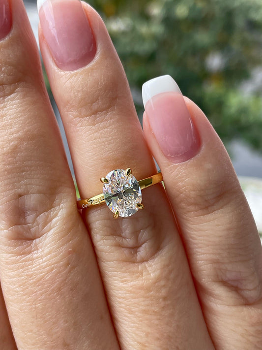 Yellow gold over Sterling Silver 925 , Gold Vermeil Engagement Ring with 2CT oval cut simulated diamond and hidden halo