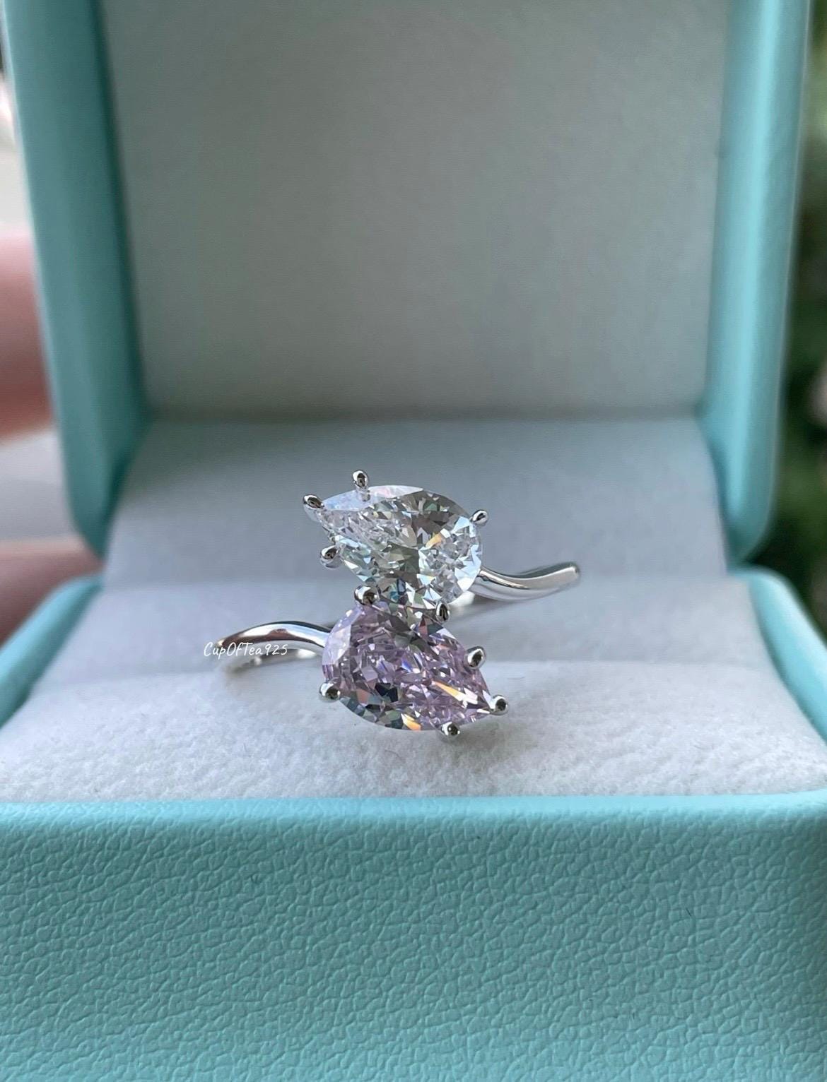 Sterling Silver 925 Toi et Moi engagement Ring, Pink stone ring, gift for her