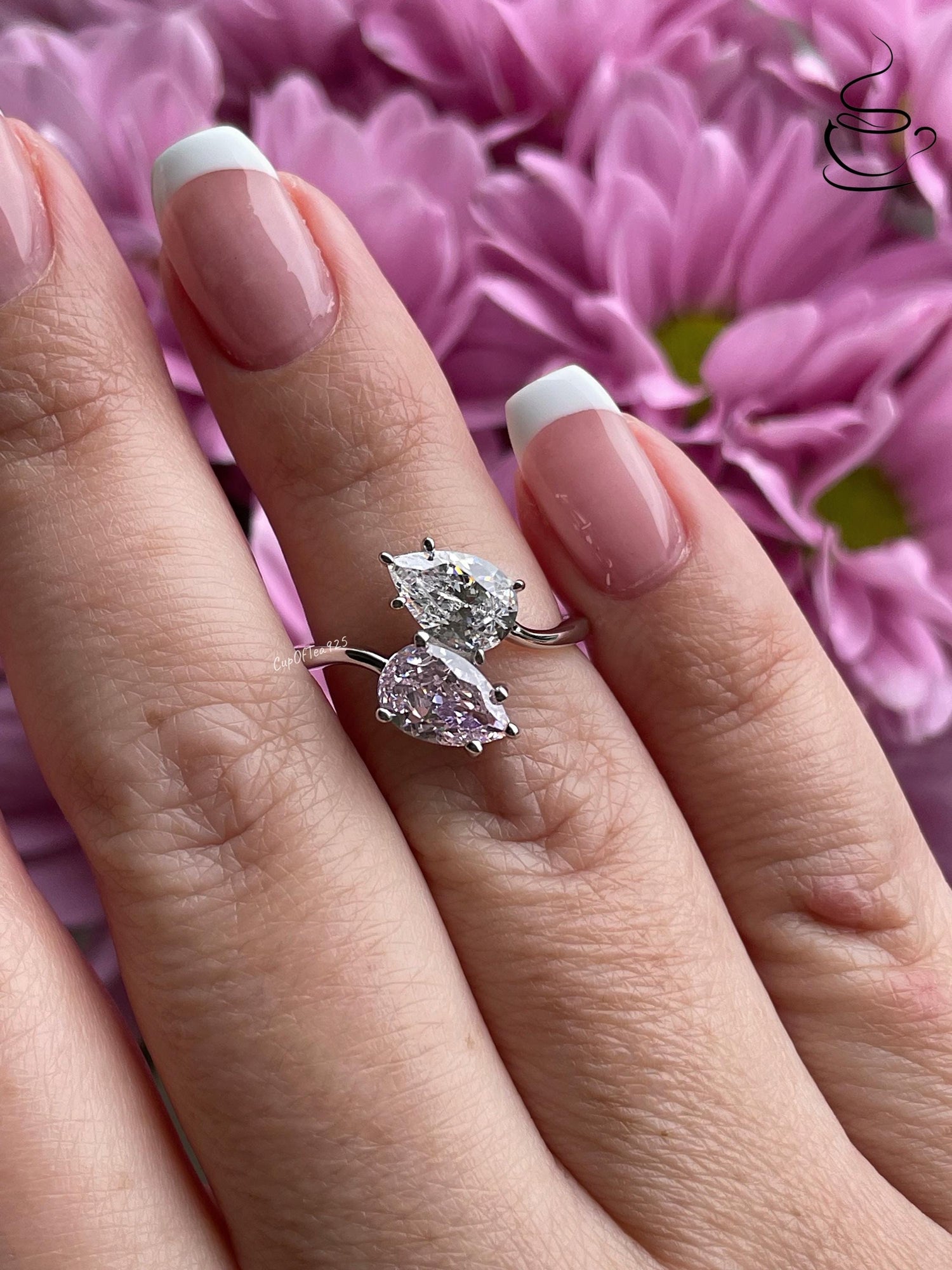 Sterling Silver 925 Toi et Moi engagement Ring, Pink stone ring, gift for her