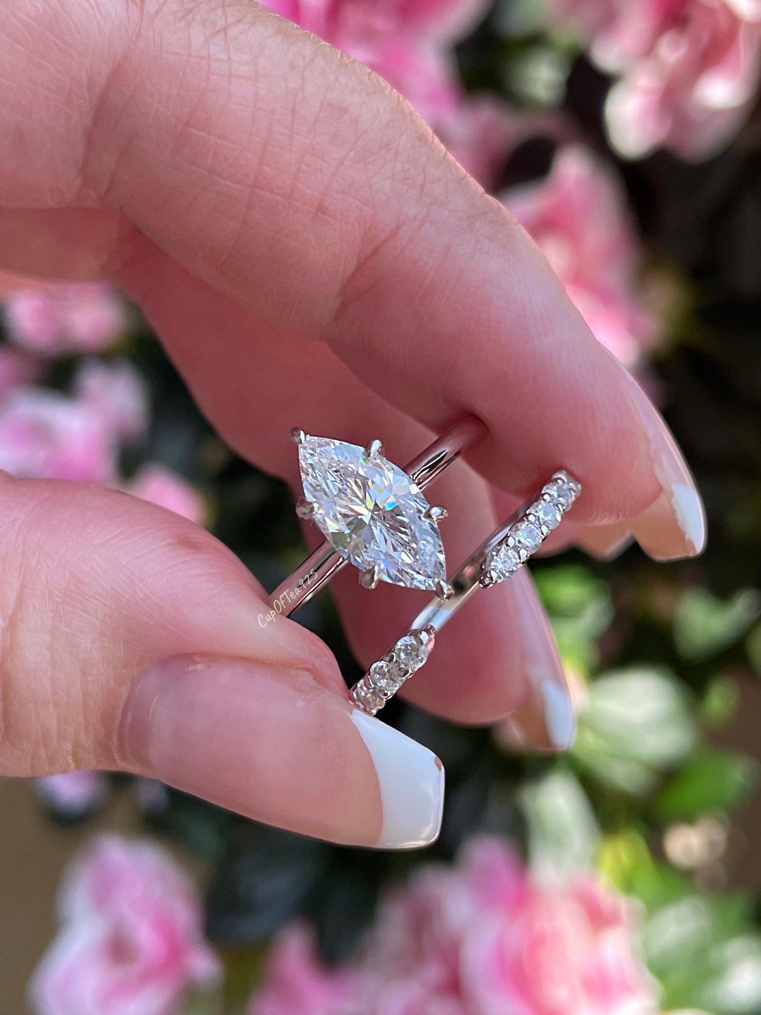 Sterling silver 925, yellow gold vermeil marquise cut engagement ring set with 1.5CT CZ simulated diamond and open band, wedding ring set