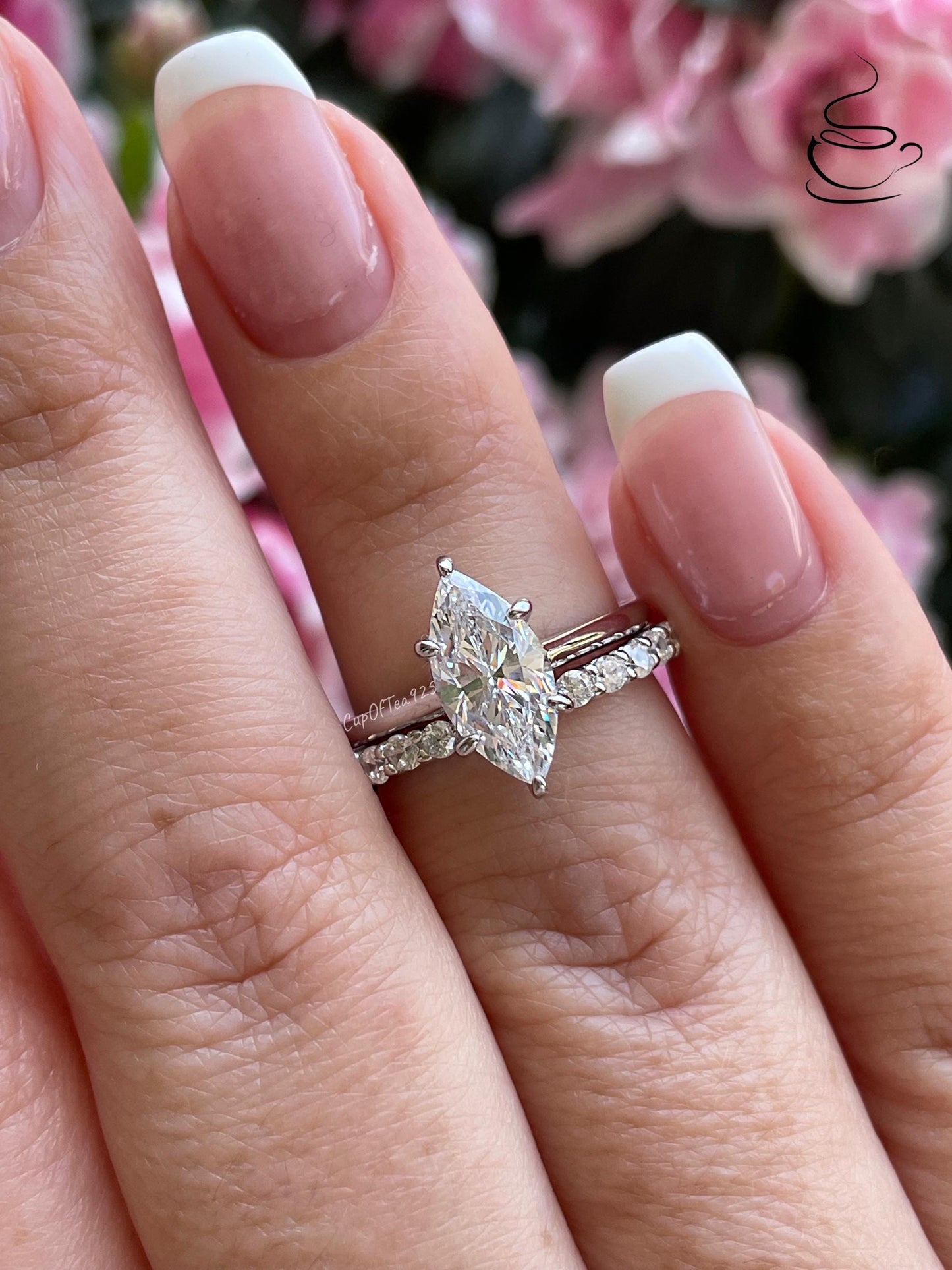 Sterling silver 925, yellow gold vermeil marquise cut engagement ring set with 1.5CT CZ simulated diamond and open band, wedding ring set