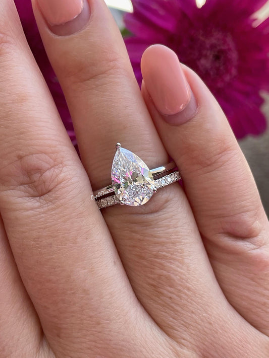 Moissanite Sterling Silver 925 bridal set with 2CT, 4CT pear cut solitaire engagement ring and half eternity band