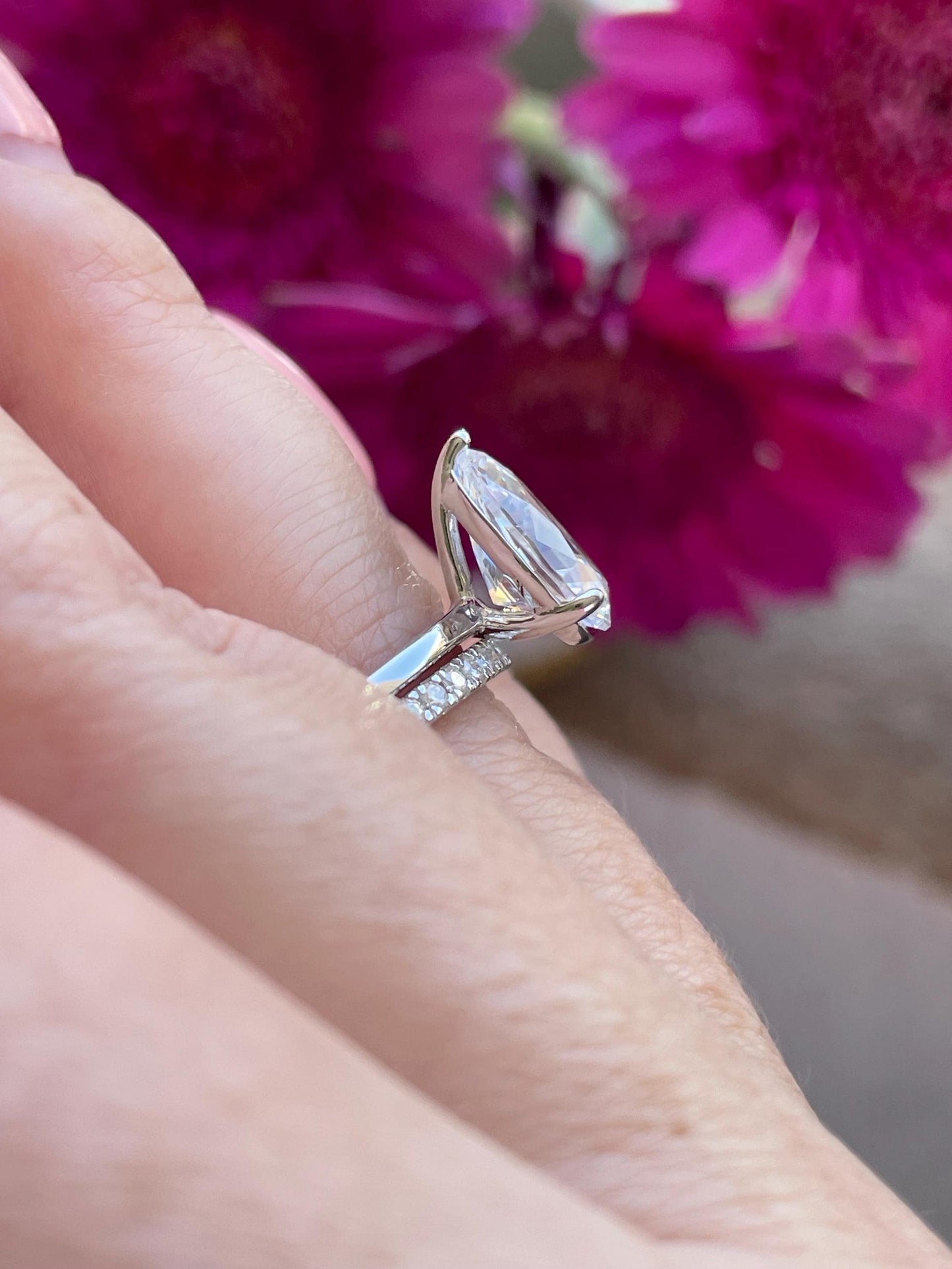 Moissanite Sterling Silver 925 bridal set with 2CT, 4CT pear cut solitaire engagement ring and half eternity band