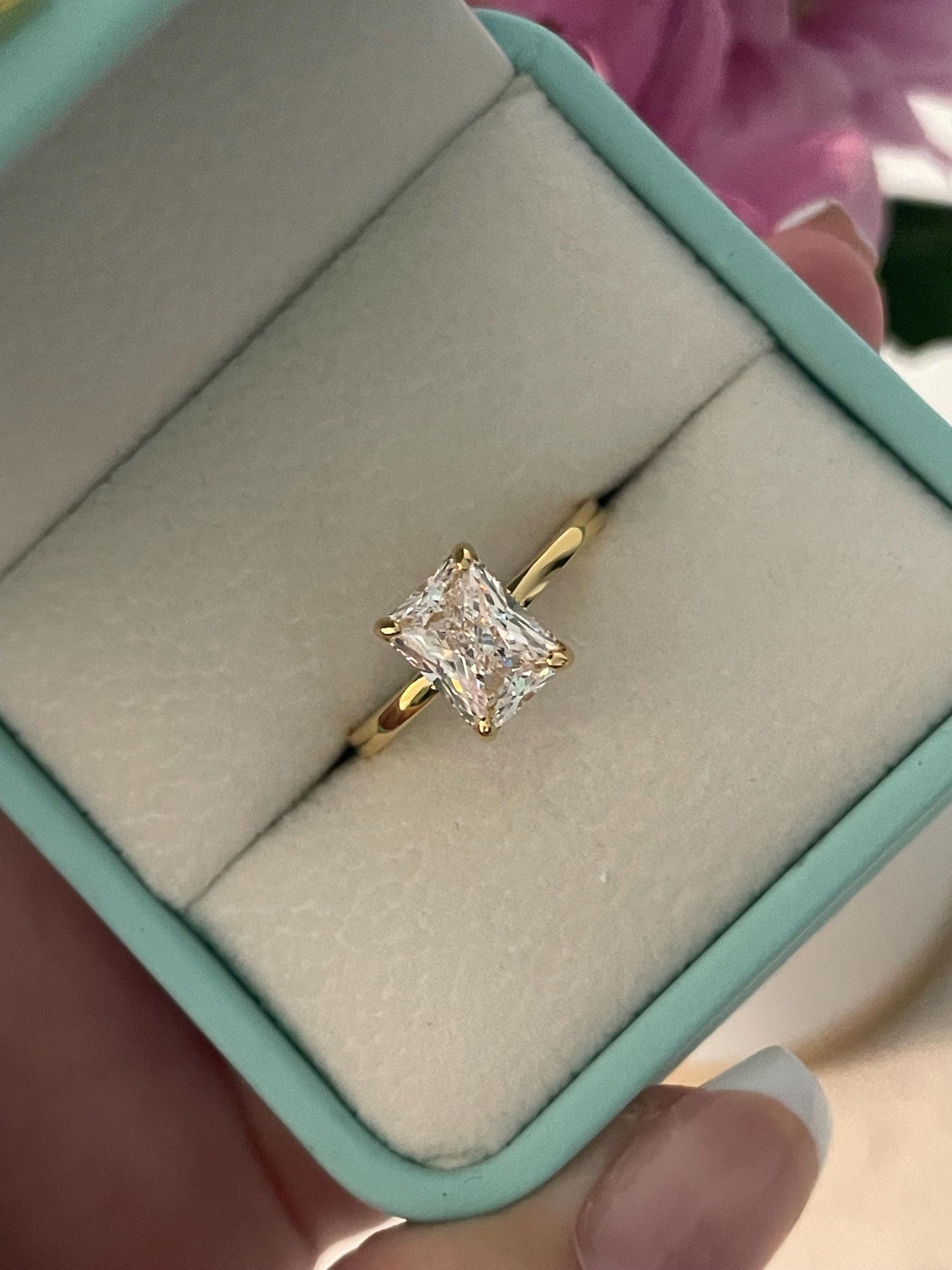 Hidden Halo. Yellow gold vermeil, Sterling Silver 925 engagement ring with 2CT 3CT radiant cut and hidden halo, radiant cut ring