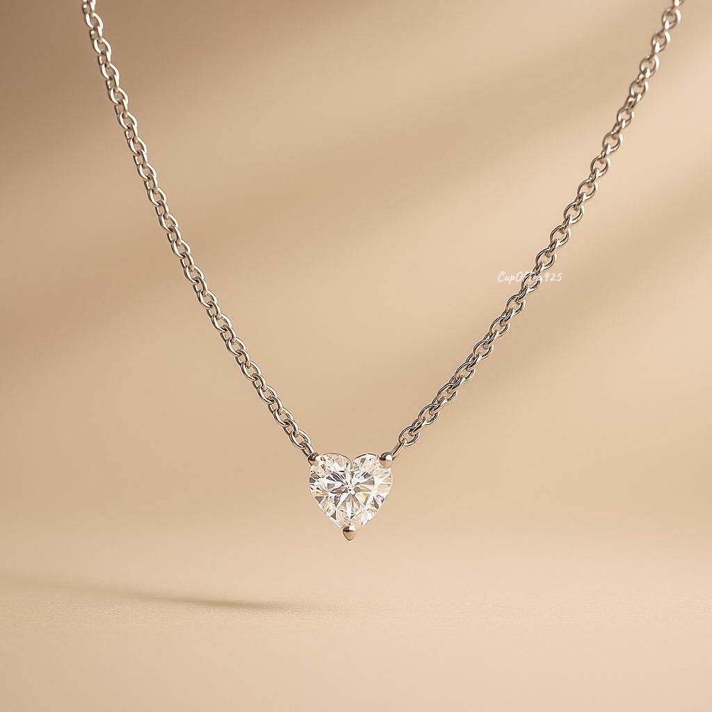 Sterling Silver Heart Necklace: 1.5CT CZ Diamond, Gold Finish