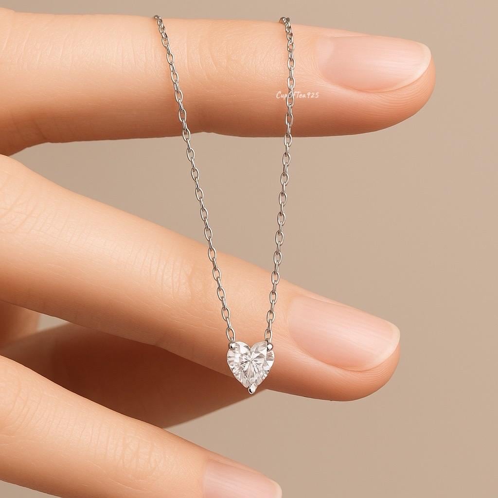 Sterling Silver Heart Necklace: 1.5CT CZ Diamond, Gold Finish