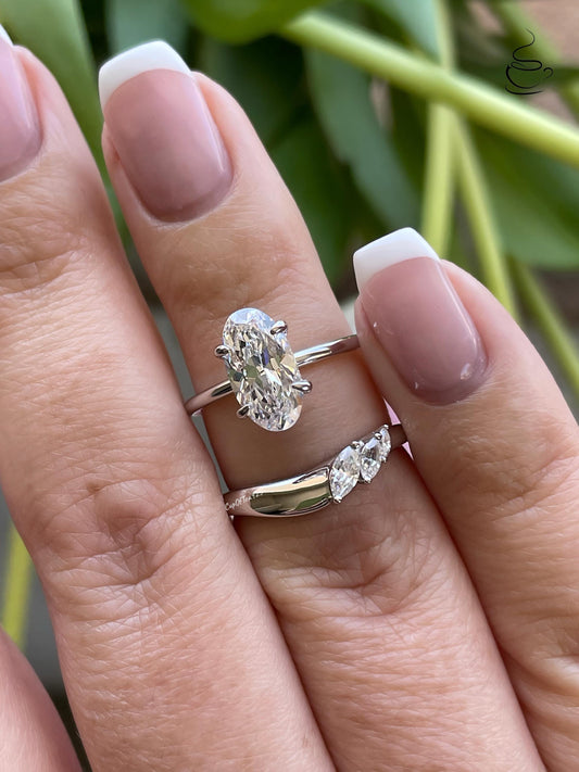 Yellow gold vermeil rose gold vermeil, sterling silver 925 bridal set with 2.25CT skinny oval cut CZ diamond & curved band, engagement ring