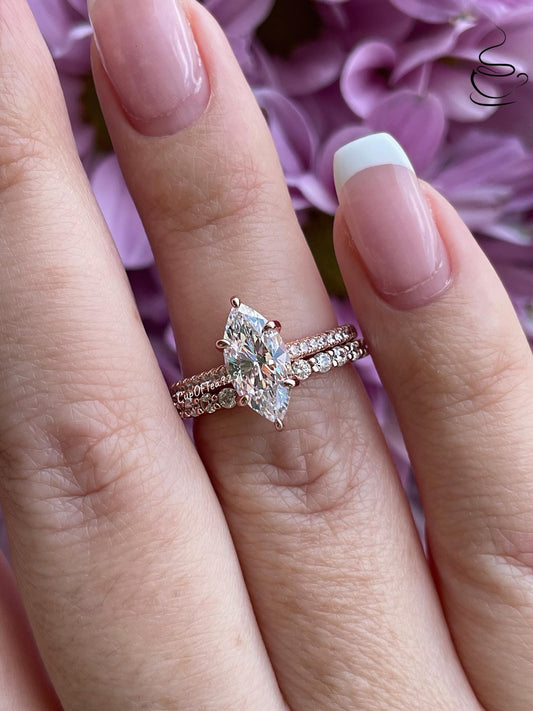 Yellow gold, rose gold over sterling silver 925, silver 925 1.5 carat marquise cut engagement ring set , bridal set with marquise ring