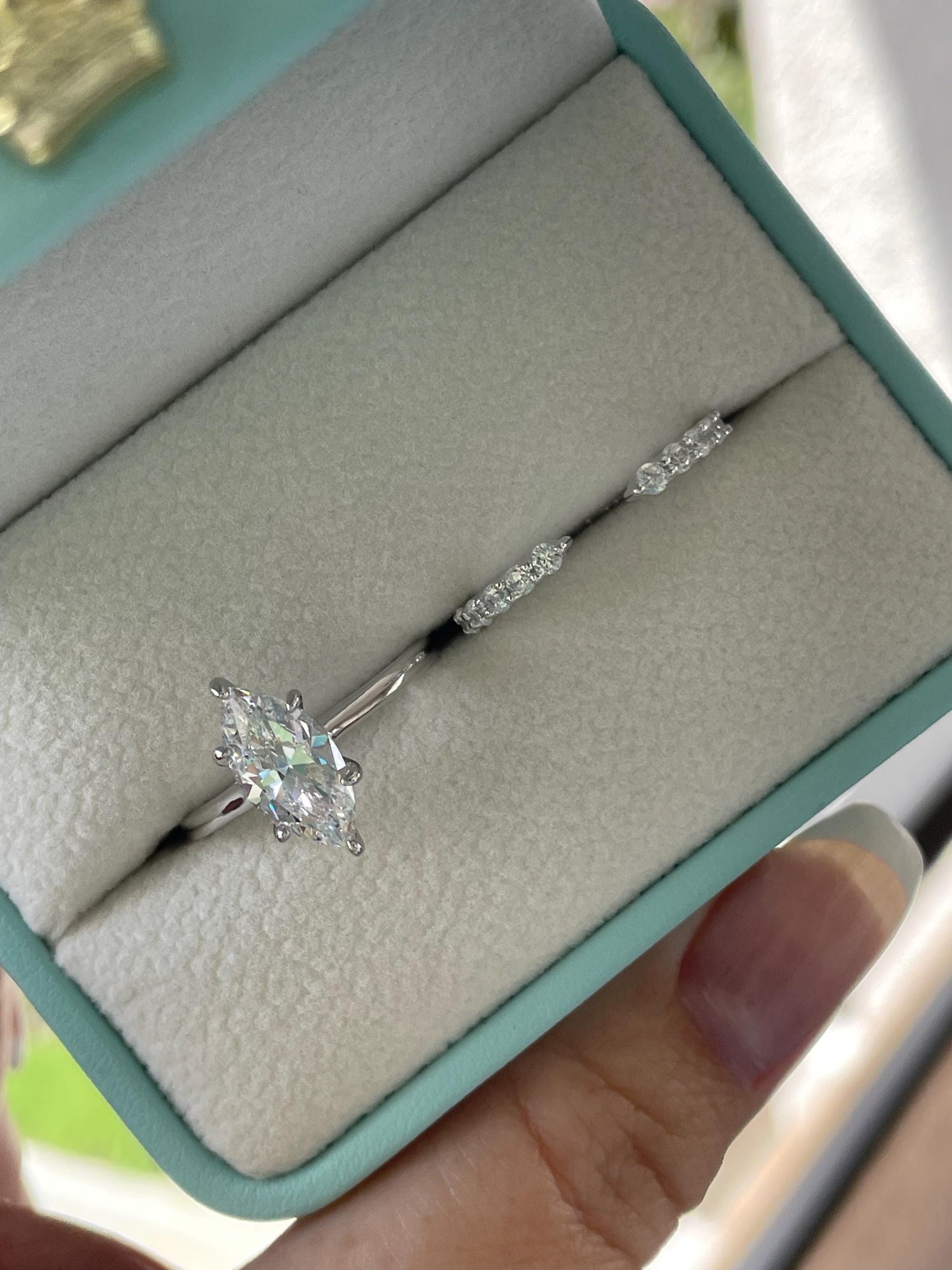 Sterling silver 925, yellow gold vermeil marquise cut engagement ring set with 1.5CT CZ simulated diamond and open band, wedding ring set