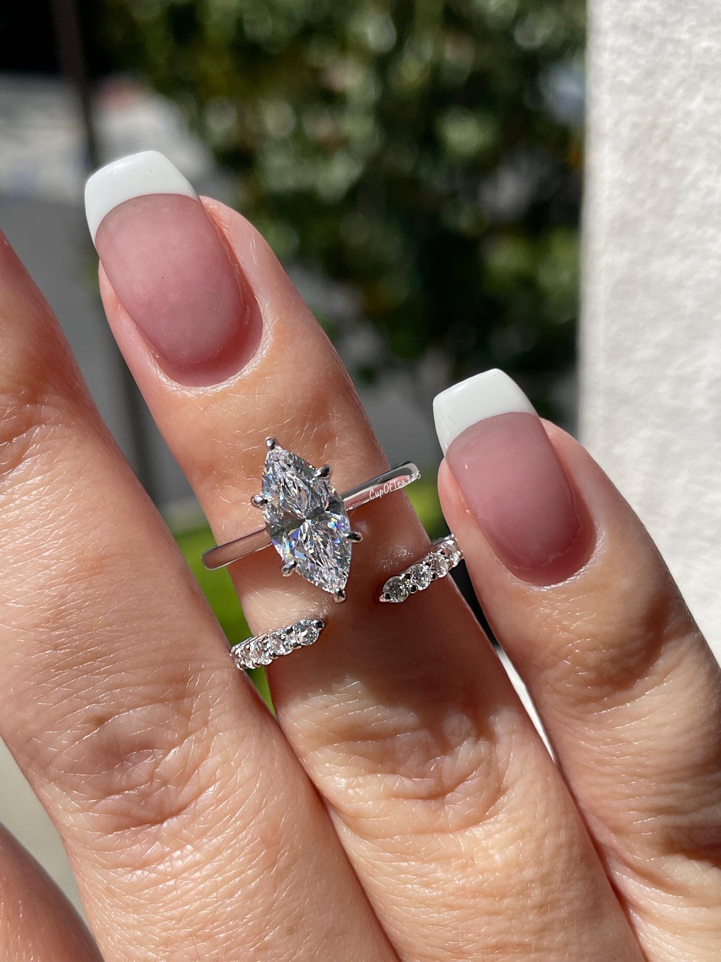 Sterling silver 925, yellow gold vermeil marquise cut engagement ring set with 1.5CT CZ simulated diamond and open band, wedding ring set