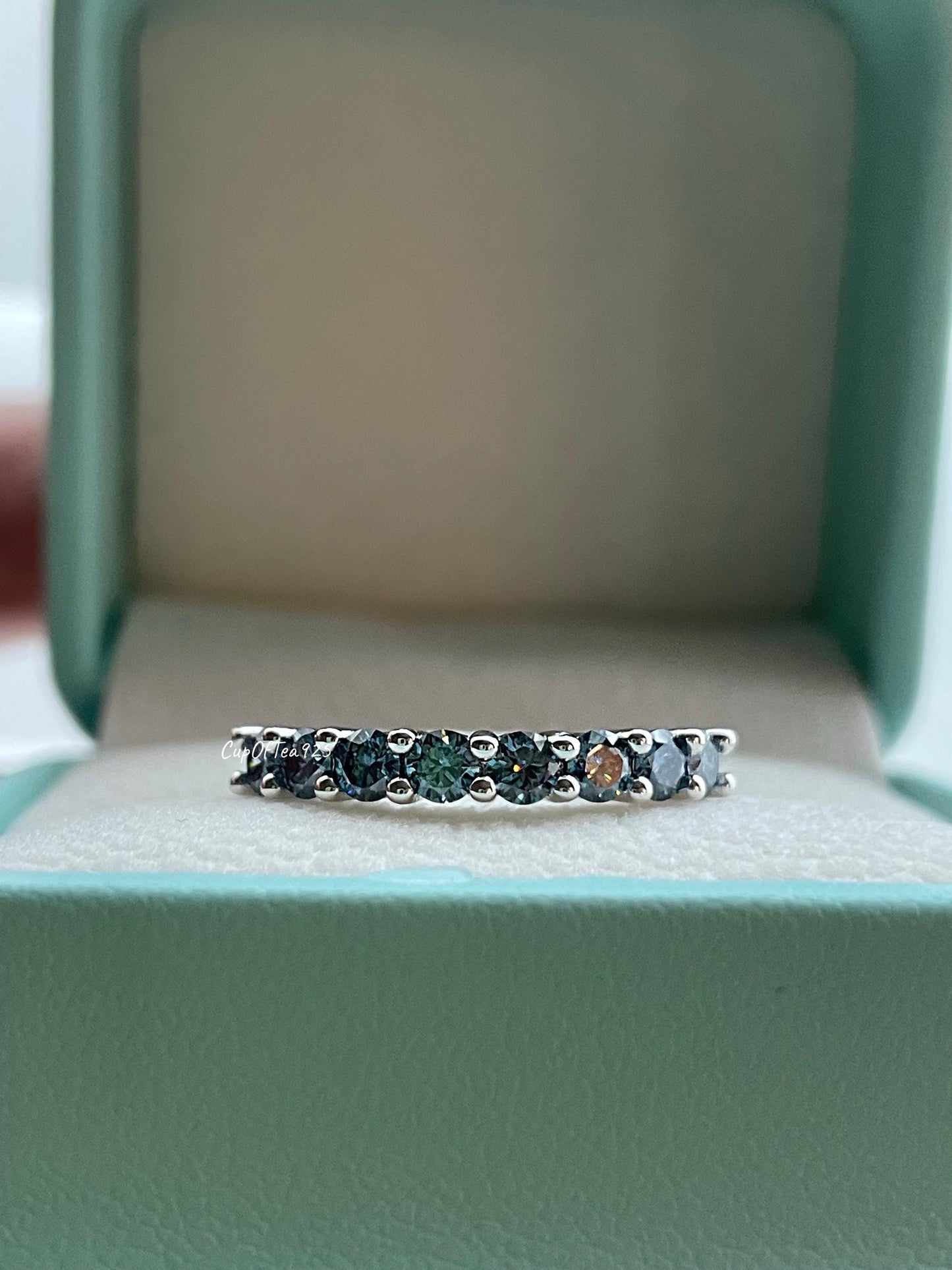 Vivid Blue Moissanite Ring Sterling Silver 925 Half Eternity Band