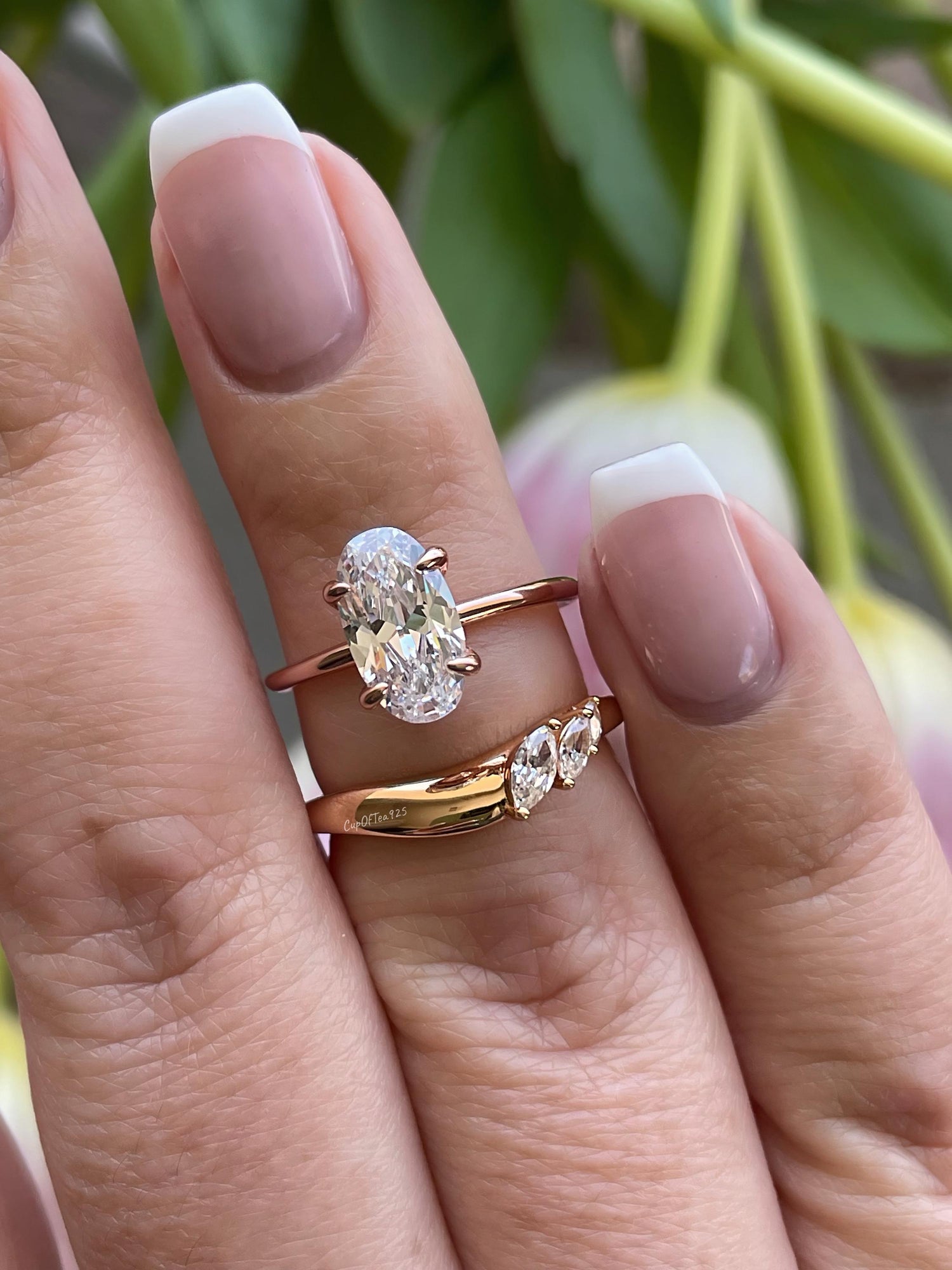 NewIn! Yellow gold, rose gold over sterling silver 925, bridal set with 2.25CT skinny oval cut CZ diamond & curved band, engagement ring set