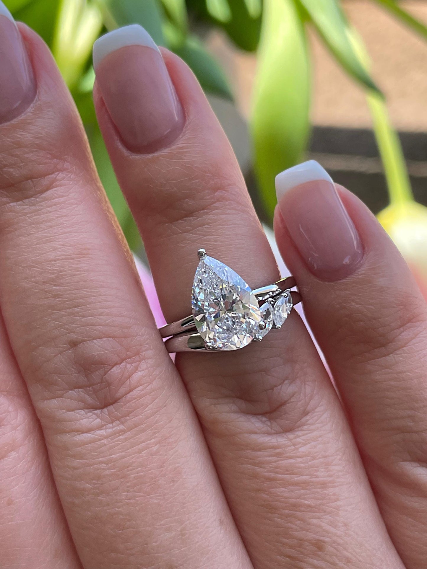 Silver, Yellow gold over sterling silver 925 bridal set with 2CT, 3CT pear cut CZ simulated diamond engagement ring and curved wedding band