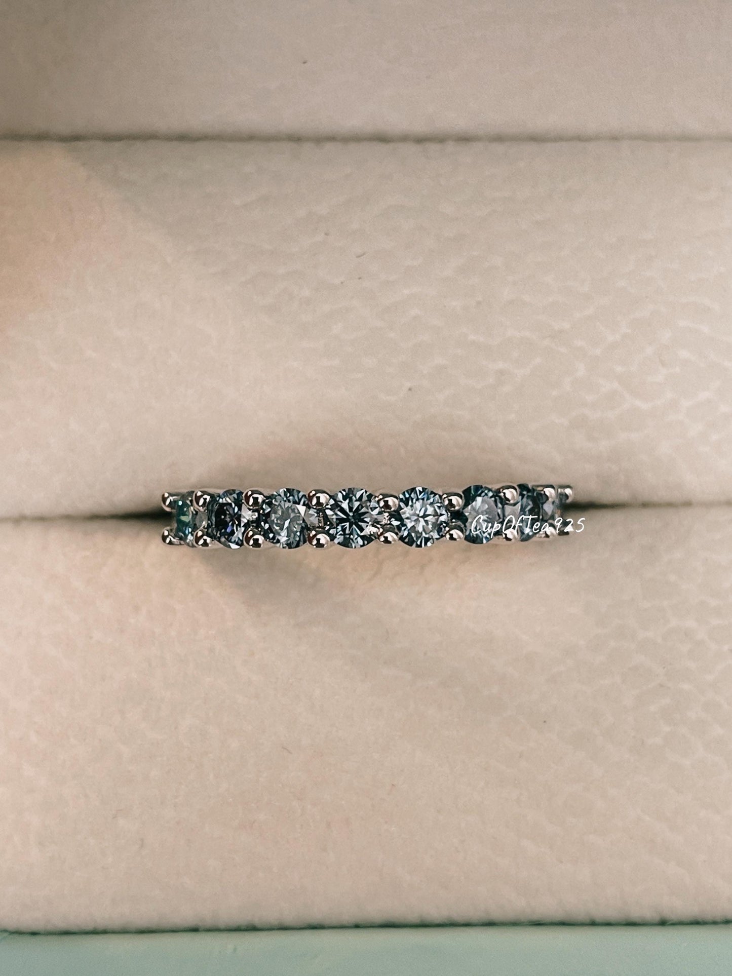 Vivid Blue Moissanite Ring Sterling Silver 925 Half Eternity Band