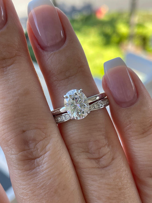 Moissanite engagement ring set with 2CT oval cut and hidden halo with bow tie moissanite wedding band in sterling silver 925