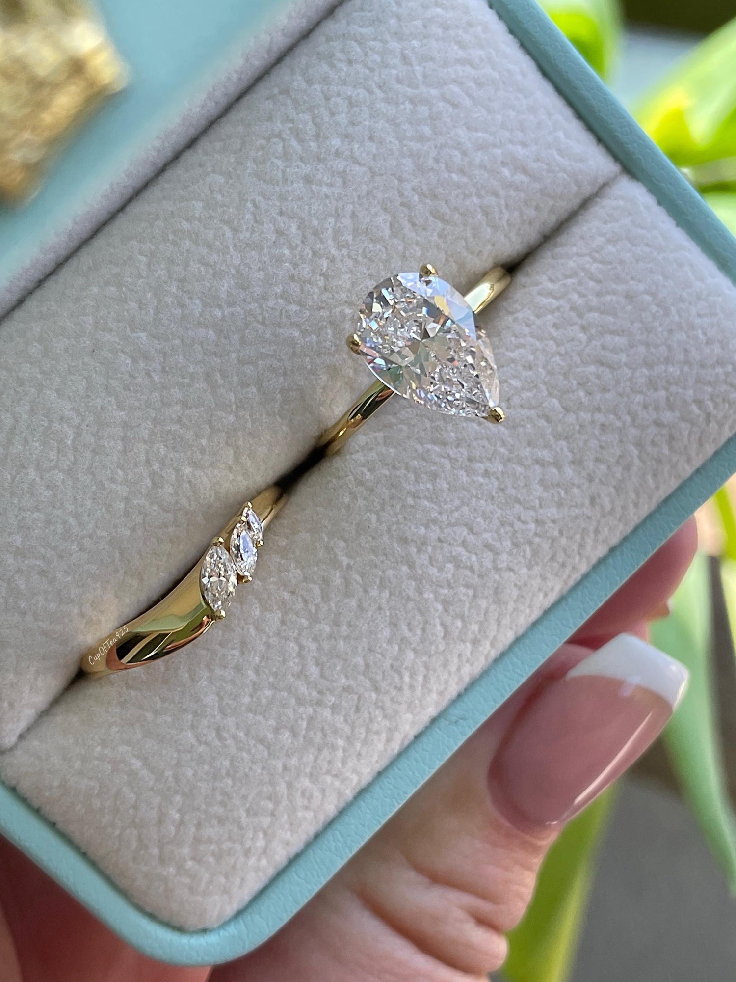 Silver, Yellow gold over sterling silver 925 bridal set with 2CT, 3CT pear cut CZ simulated diamond engagement ring and curved wedding band