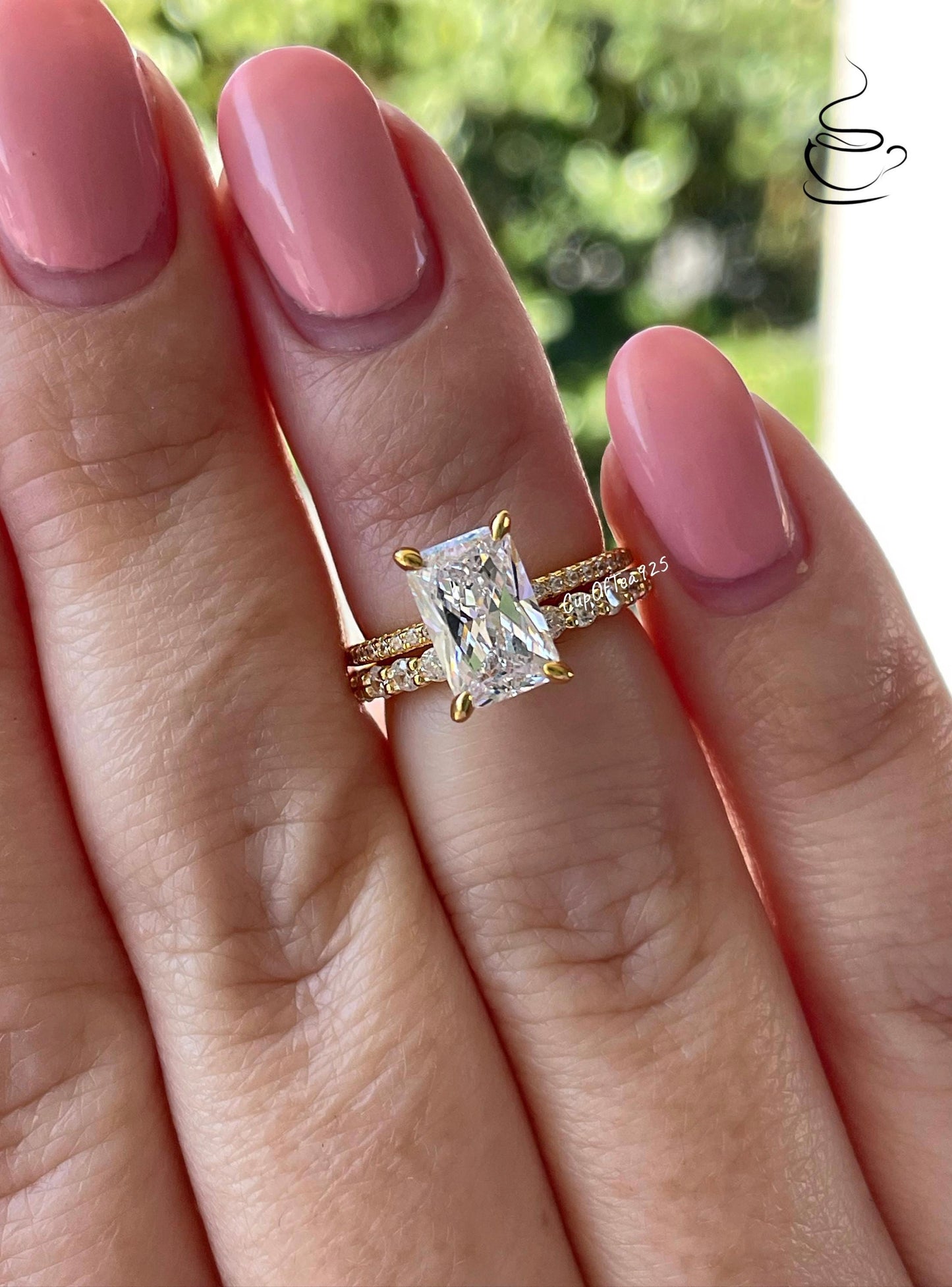 Radiant Cut CZ Engagement Ring Set: Sterling Silver, Yellow Gold Vermeil, Hidden Halo