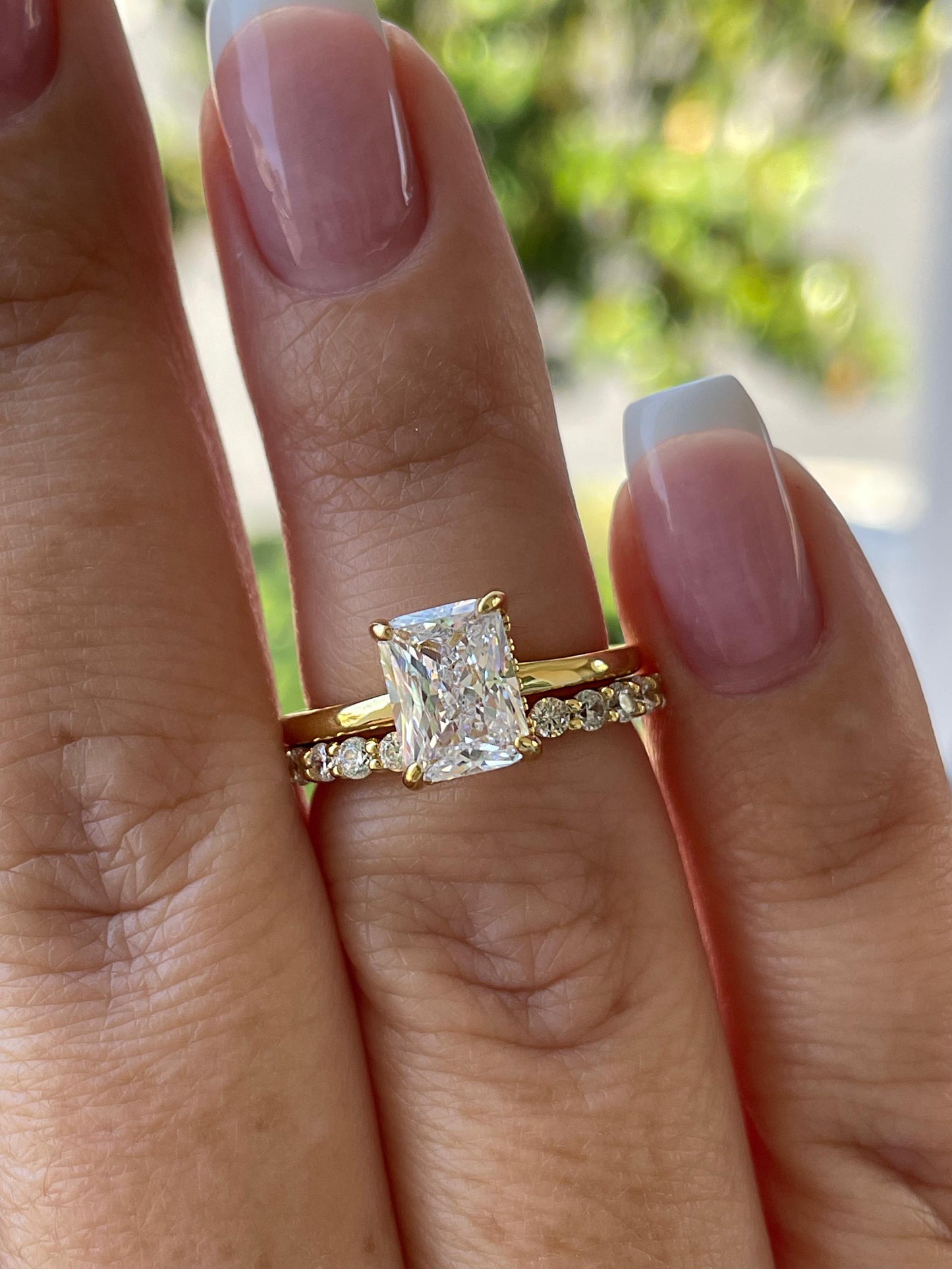 Radiant Cut Bridal Set with hidden halo, Yellow Gold vermeil, Sterling Silver Engagement Ring set with simulated diamonds, proposal ring