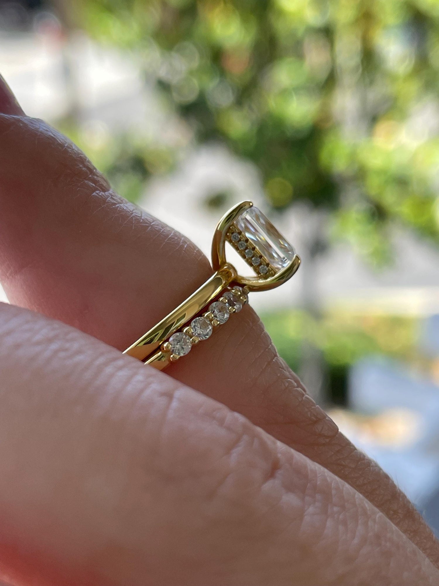 Hidden halo Emerald Cut CZ Engagement Ring Set with open wedding band, Yellow Gold Vermeil Bridal Jewelry
