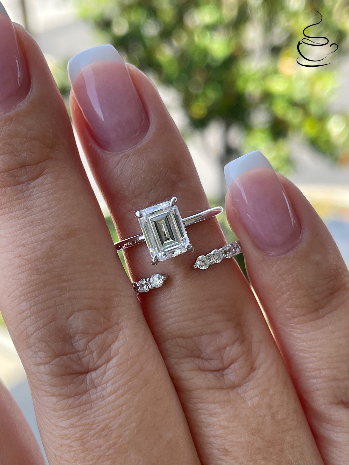Hidden halo Emerald Cut CZ Engagement Ring Set with open wedding band, Yellow Gold Vermeil Bridal Jewelry