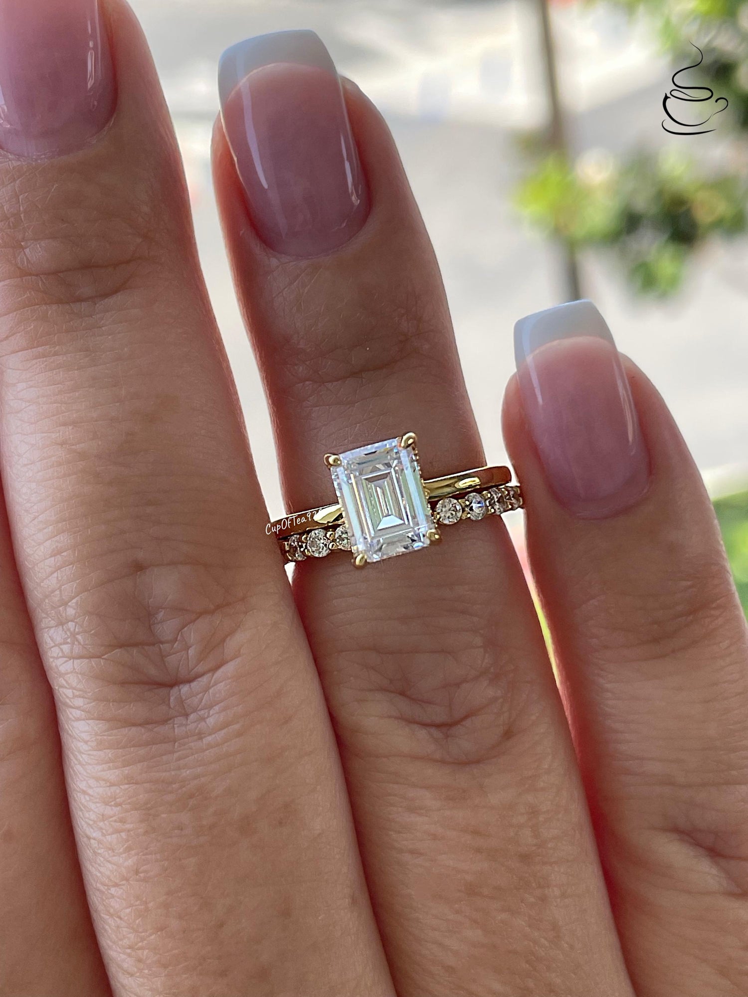Hidden halo Emerald Cut CZ Engagement Ring Set with open wedding band, Yellow Gold Vermeil Bridal Jewelry