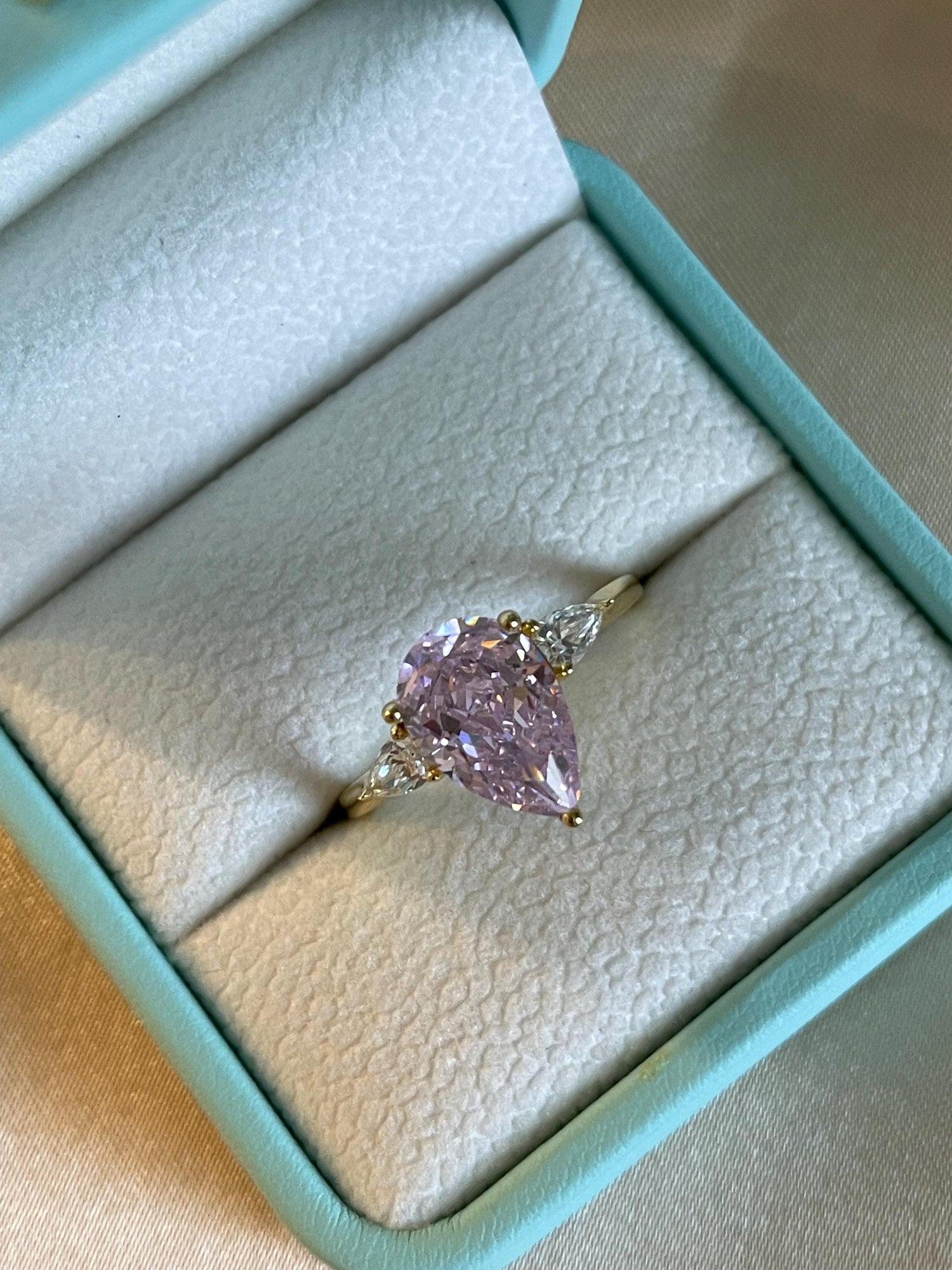 3CT Pink Pear Cut Engagement Ring: Crushed Ice Simulated Diamond, Sterling Silver
