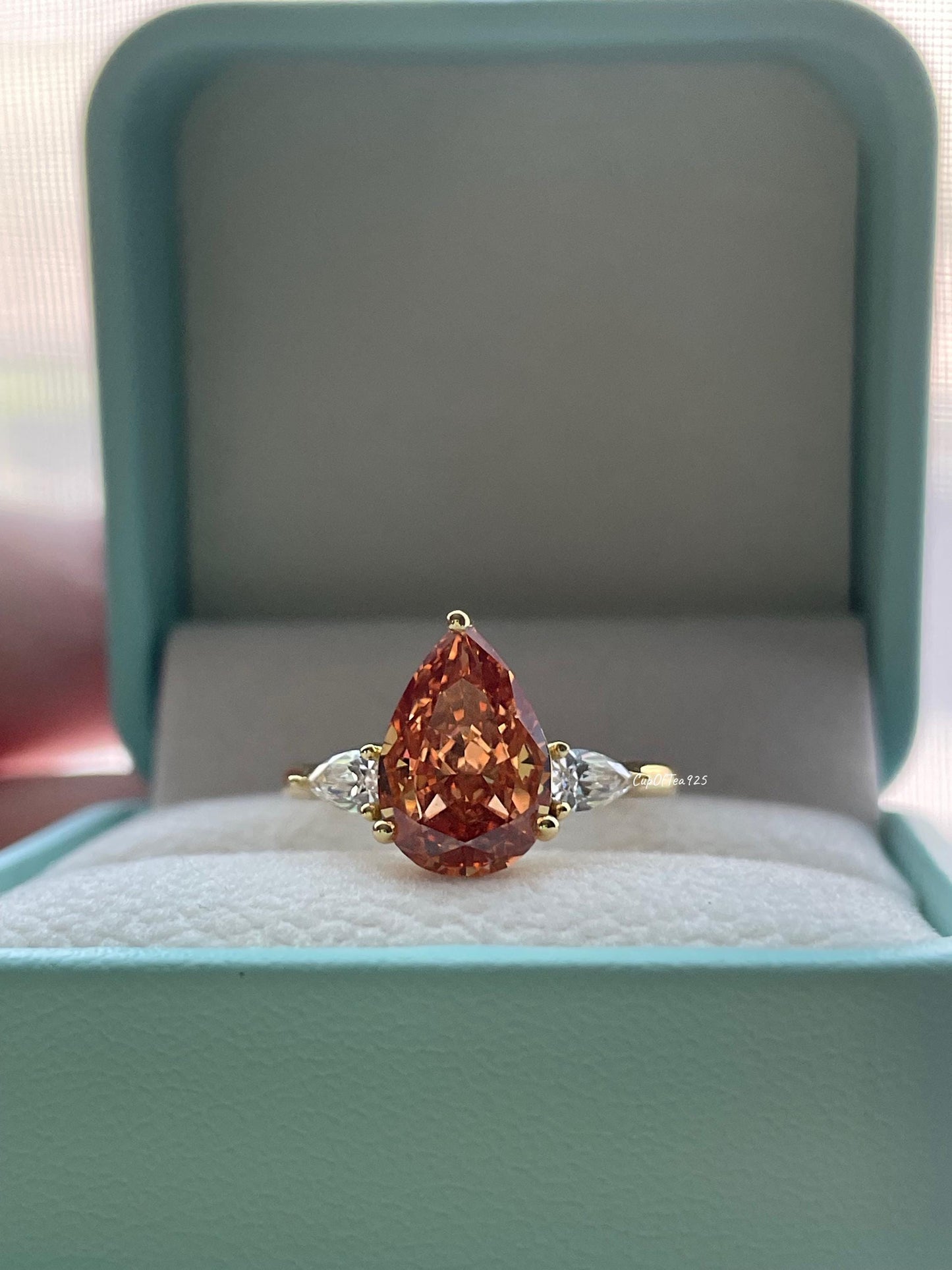 Pear Cut Trinity Engagement Ring: 3CT Crushed Ice Simulated Diamond, Sterling Silver