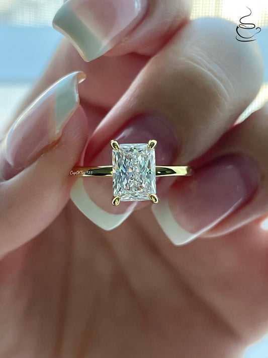 Yellow Gold Radiant Cut Solitaire Ring: 2CT Simulated Diamond