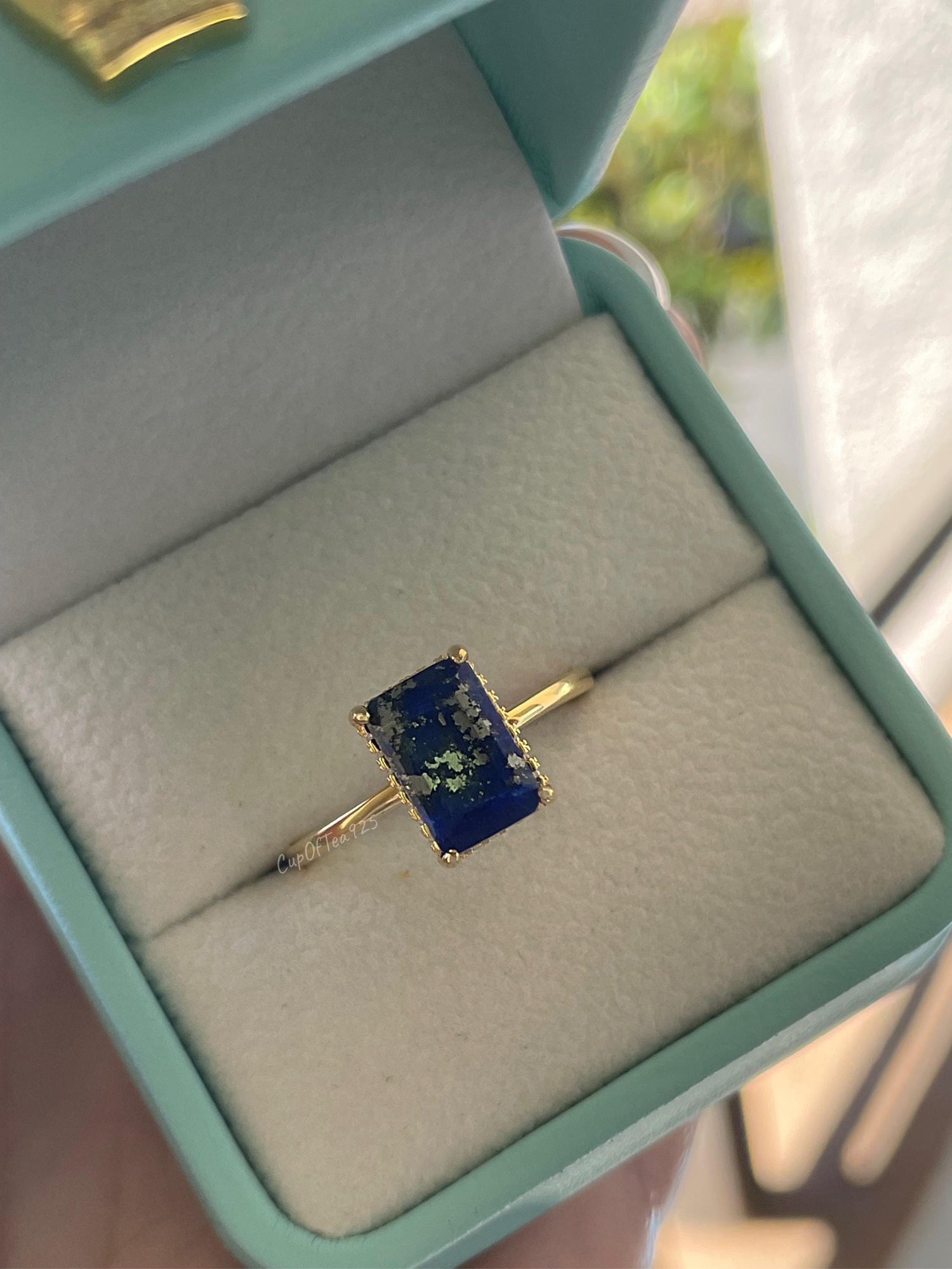 Emerald Cut Lapis Lazuli Ring: Yellow Gold Vermeil Sterling Silver, Hidden Halo