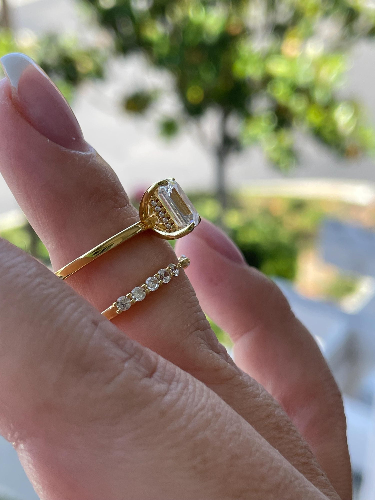 Hidden halo Emerald Cut CZ Engagement Ring Set with open wedding band, Yellow Gold Vermeil Bridal Jewelry